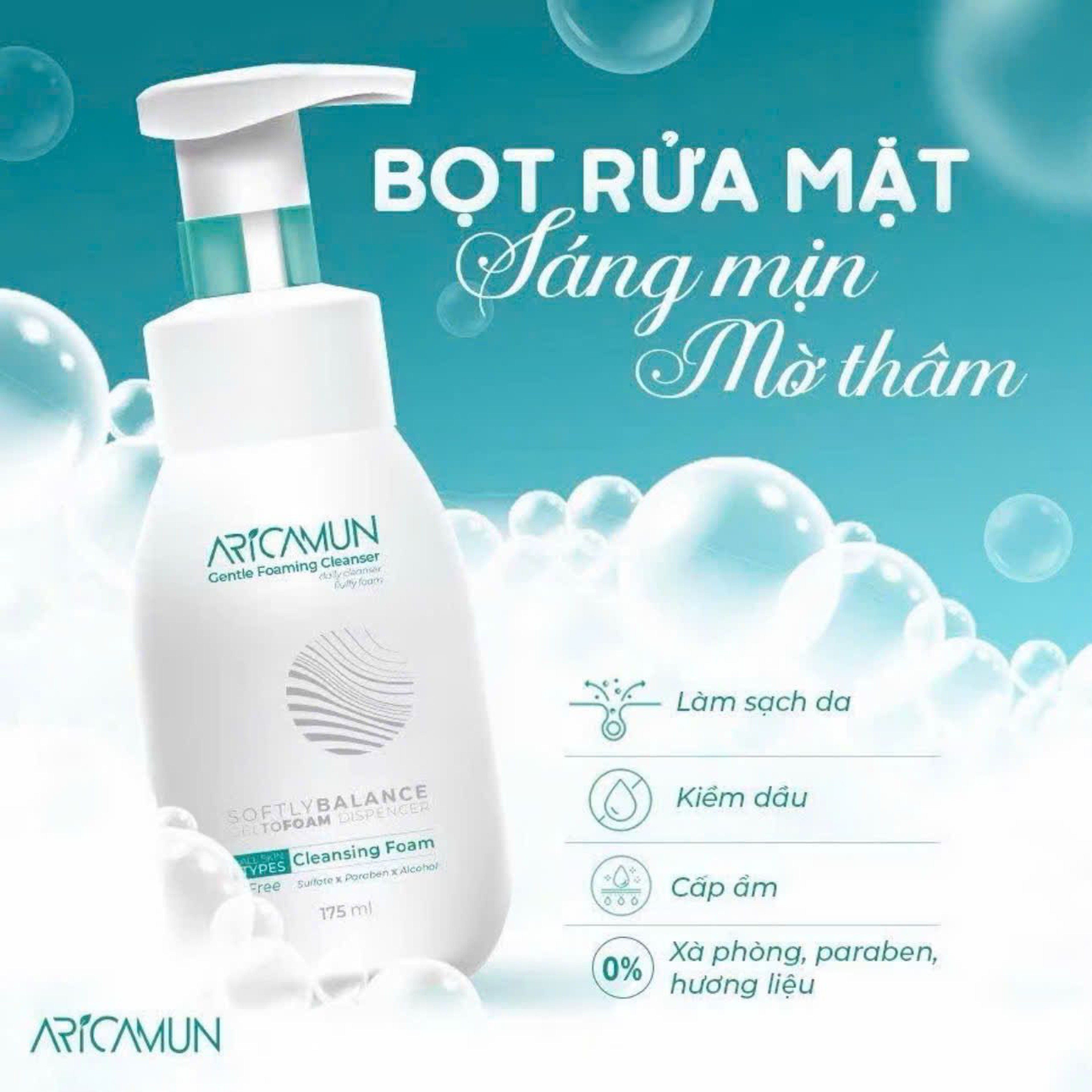Bọt Rửa Mặt Không Xà Phòng Aricamun Làm Sạch Sâu, Sáng Mịn Mờ Thâm, Kiểm Soát Dầu Nhờn, Giảm Mụn Cho Mọi Loại Da (175ml)