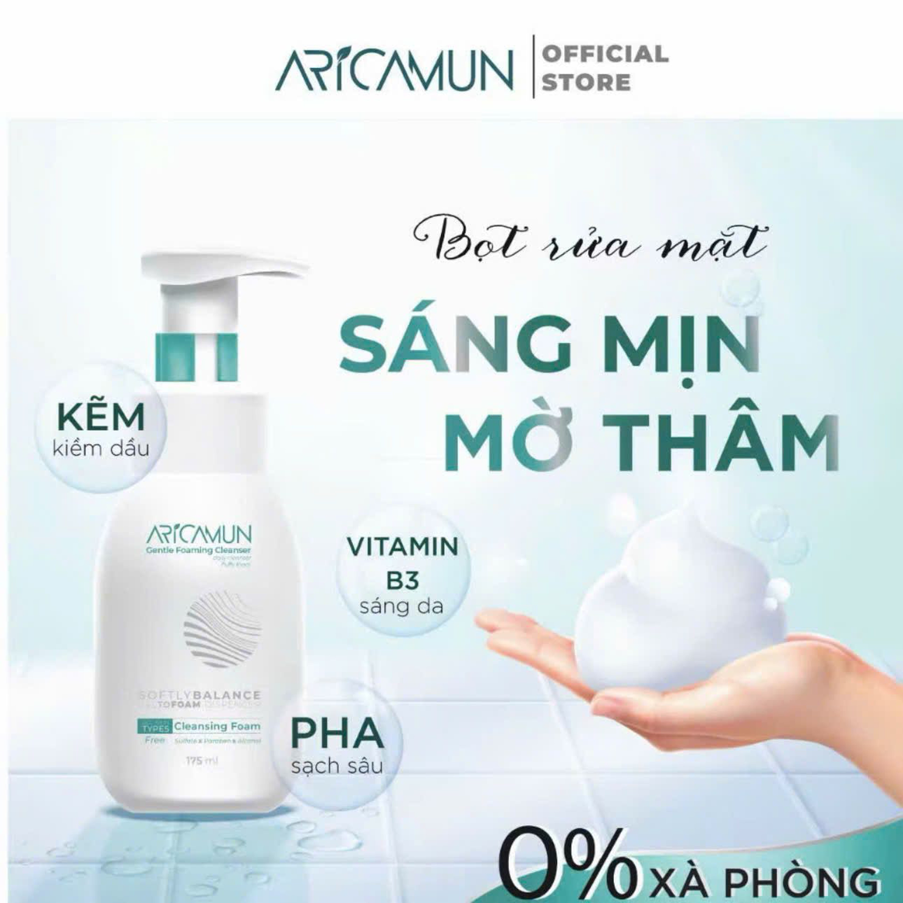 Bọt Rửa Mặt Không Xà Phòng Aricamun Làm Sạch Sâu, Sáng Mịn Mờ Thâm, Kiểm Soát Dầu Nhờn, Giảm Mụn Cho Mọi Loại Da (175ml)
