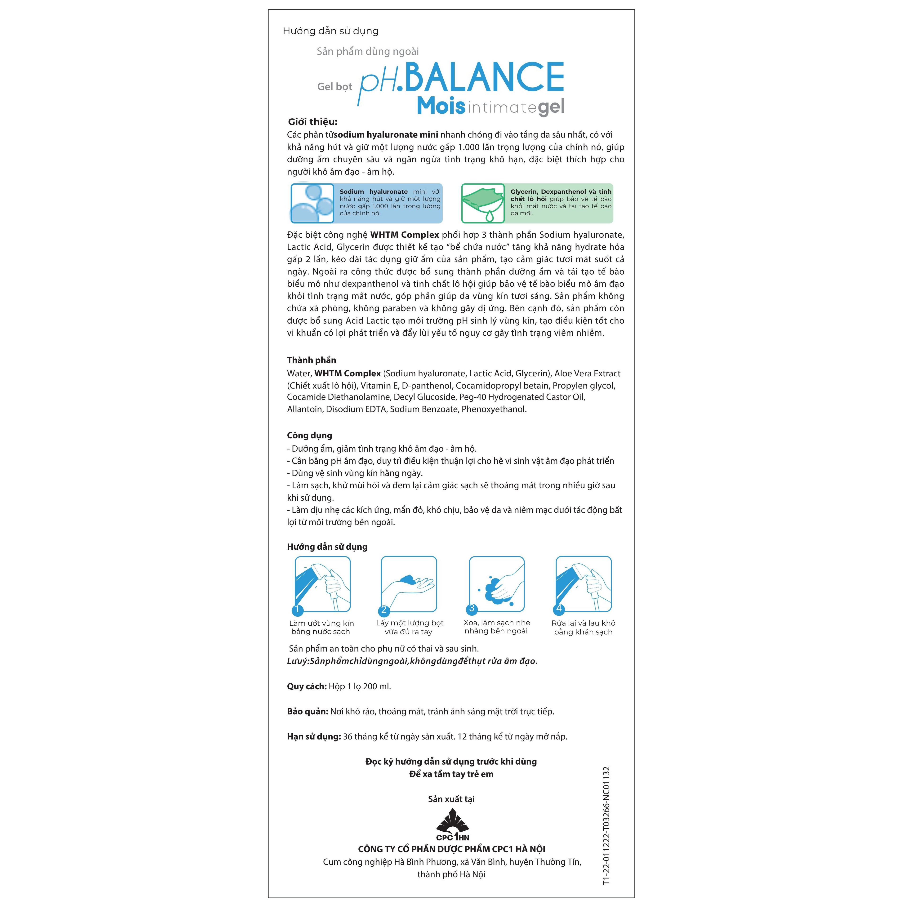 Gel Bọt pH Balance Mois Intimate dưỡng ẩm chuyên sâu, giảm khô hạn, cân bằng tự nhiên (Hộp 200ml)