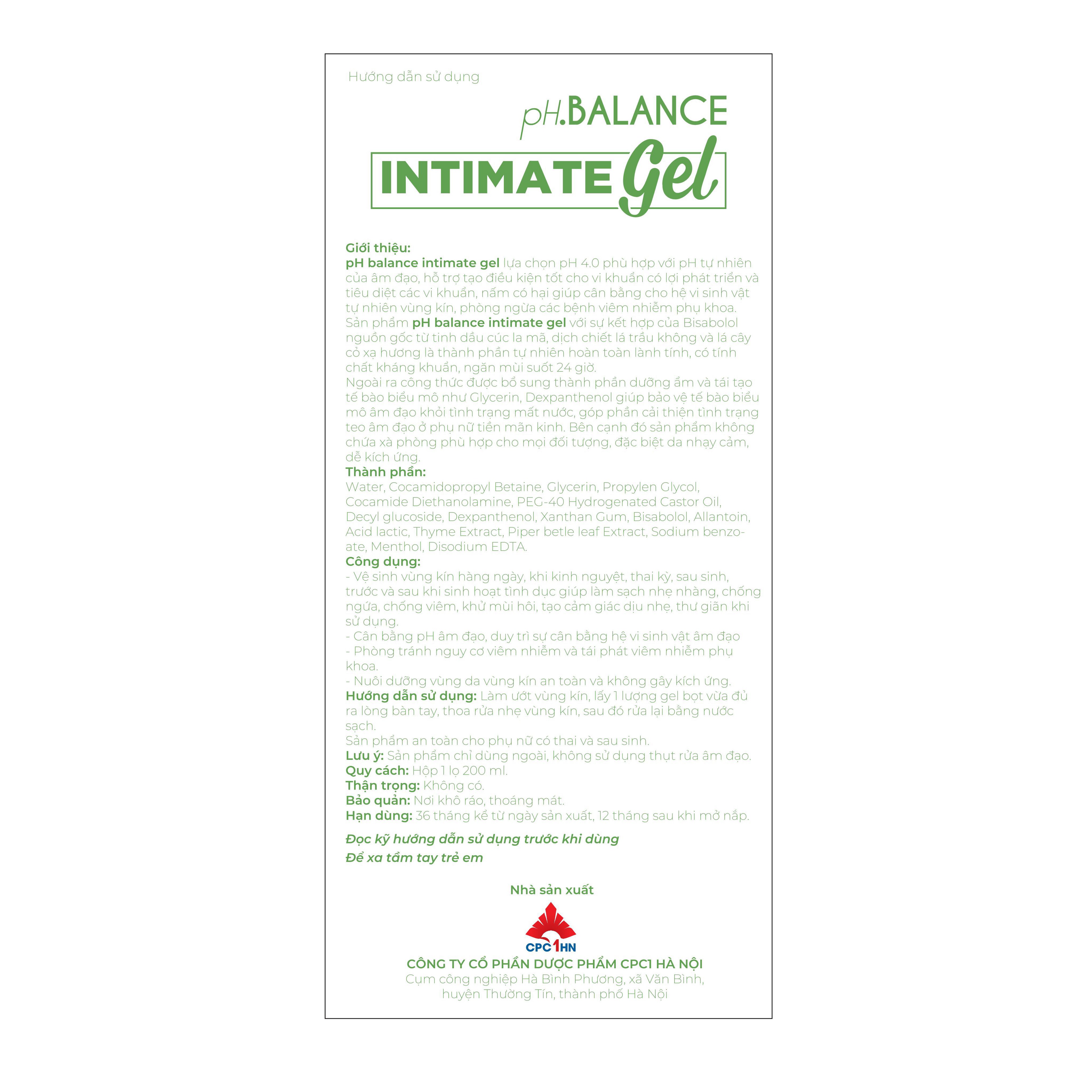 Gel bọt vệ sinh phụ nữ pH Balance Intimate Gel hỗ trợ kháng khuẩn, ngăn mùi khó chịu, tươi mát 24h (Chai 200 ml)