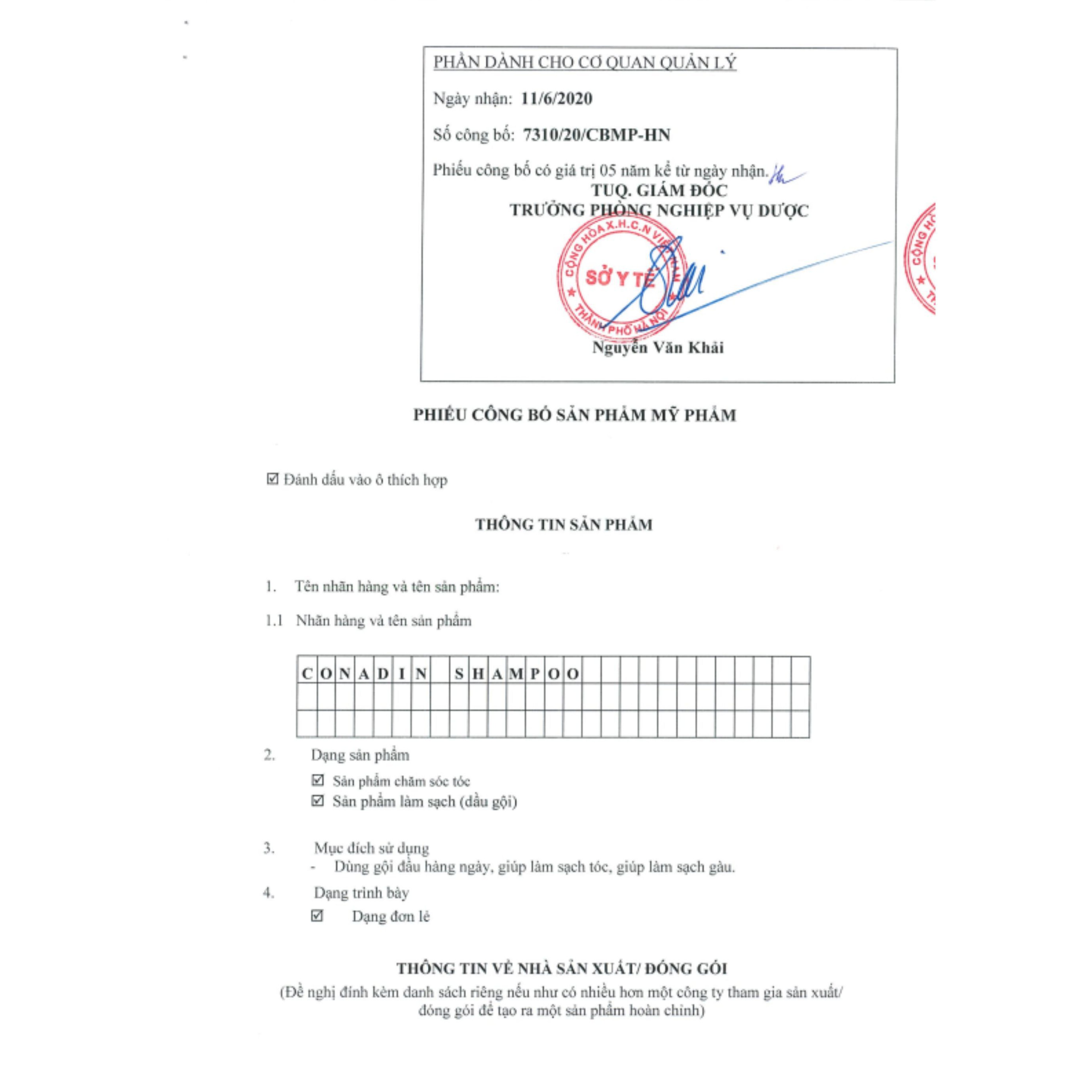 Dầu Gội Conadin Shampoo Giảm Gàu, Giảm Nấm, Ngứa Da Đầu, Rụng Tóc Hiệu Quả (Chai 285ml)