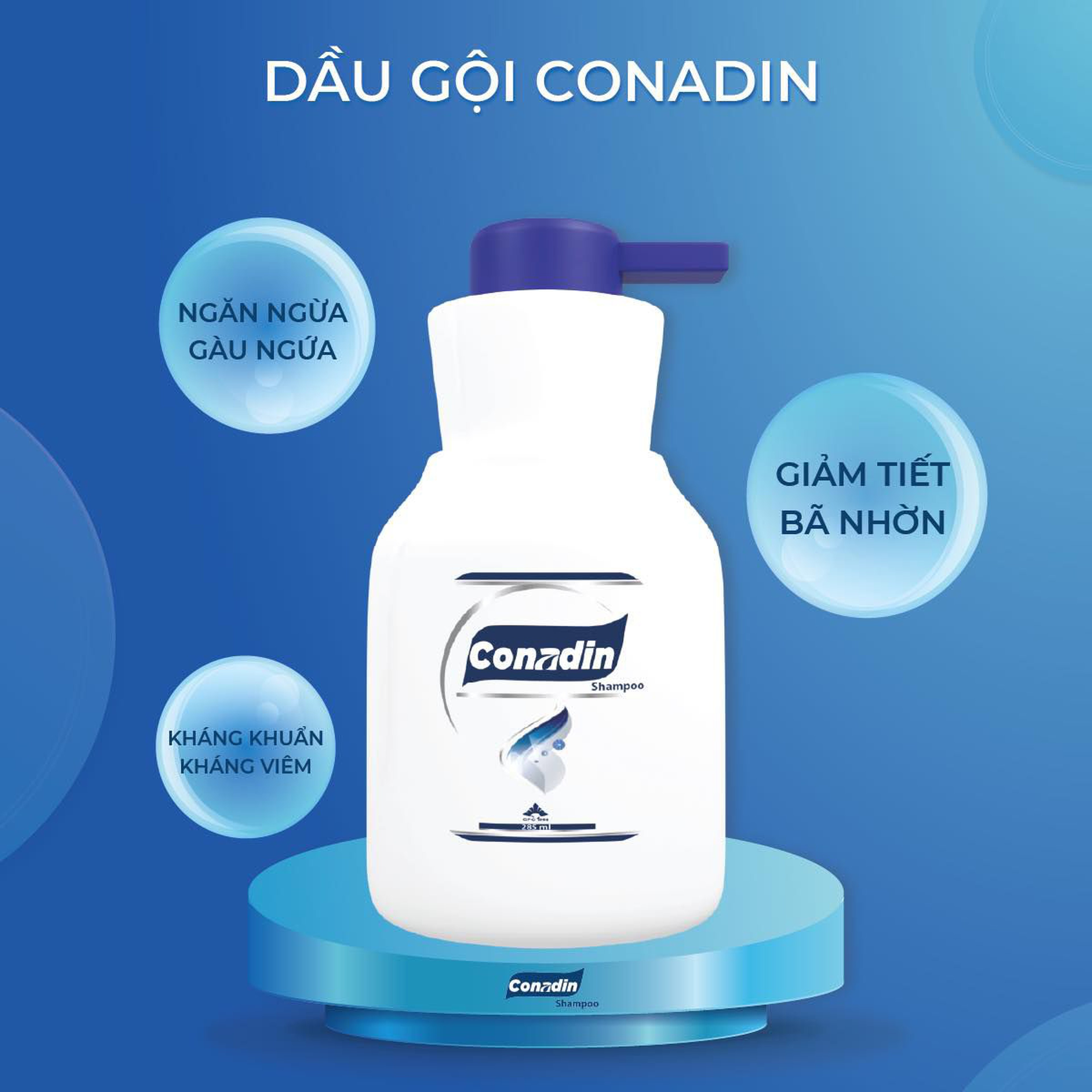 Dầu Gội Conadin Shampoo Giảm Gàu, Giảm Nấm, Ngứa Da Đầu, Rụng Tóc Hiệu Quả (Chai 285ml)
