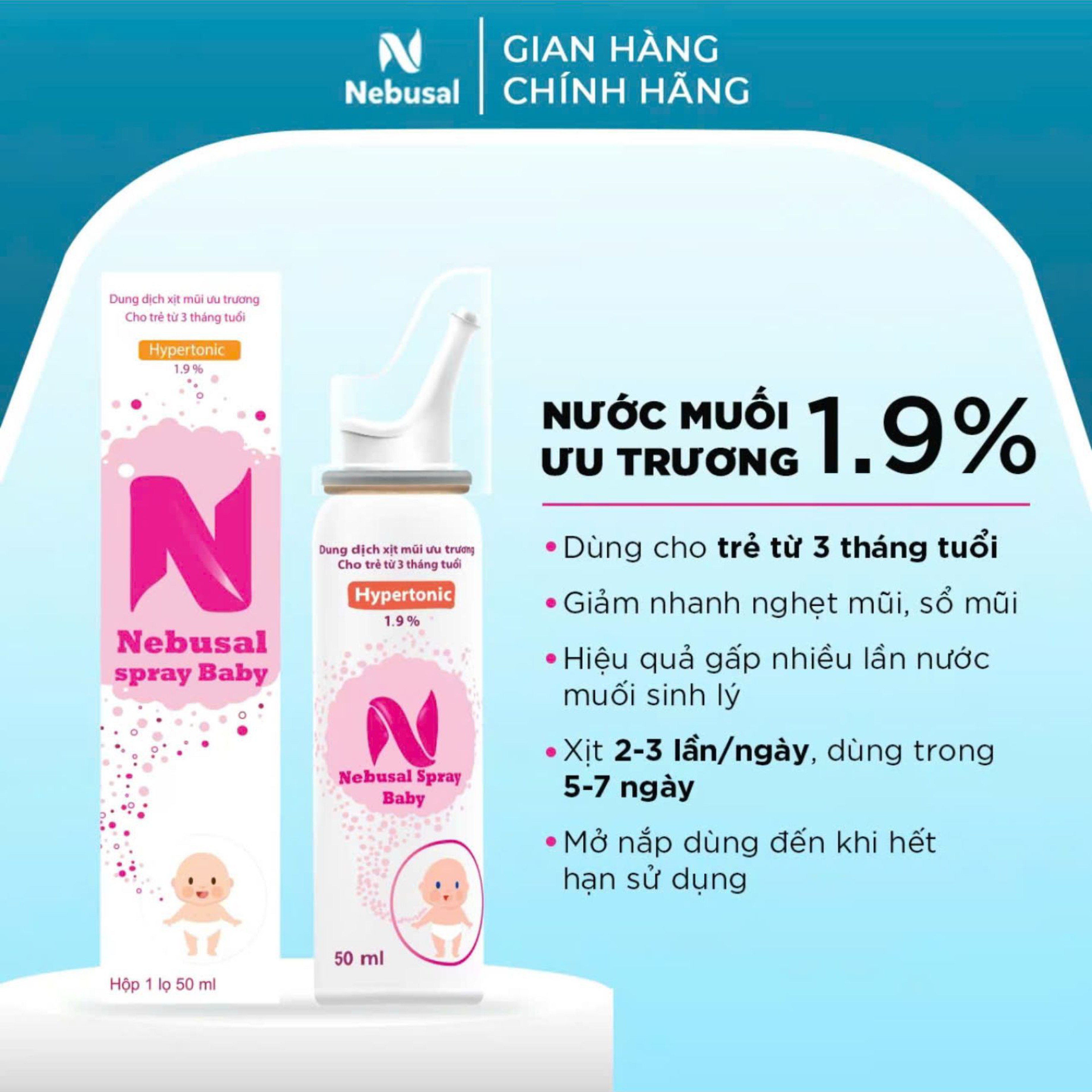 Xịt Mũi Nebusal Spray Baby 1.9% hỗ trợ giảm nghẹt mũi cho bé (Lọ 50ml)