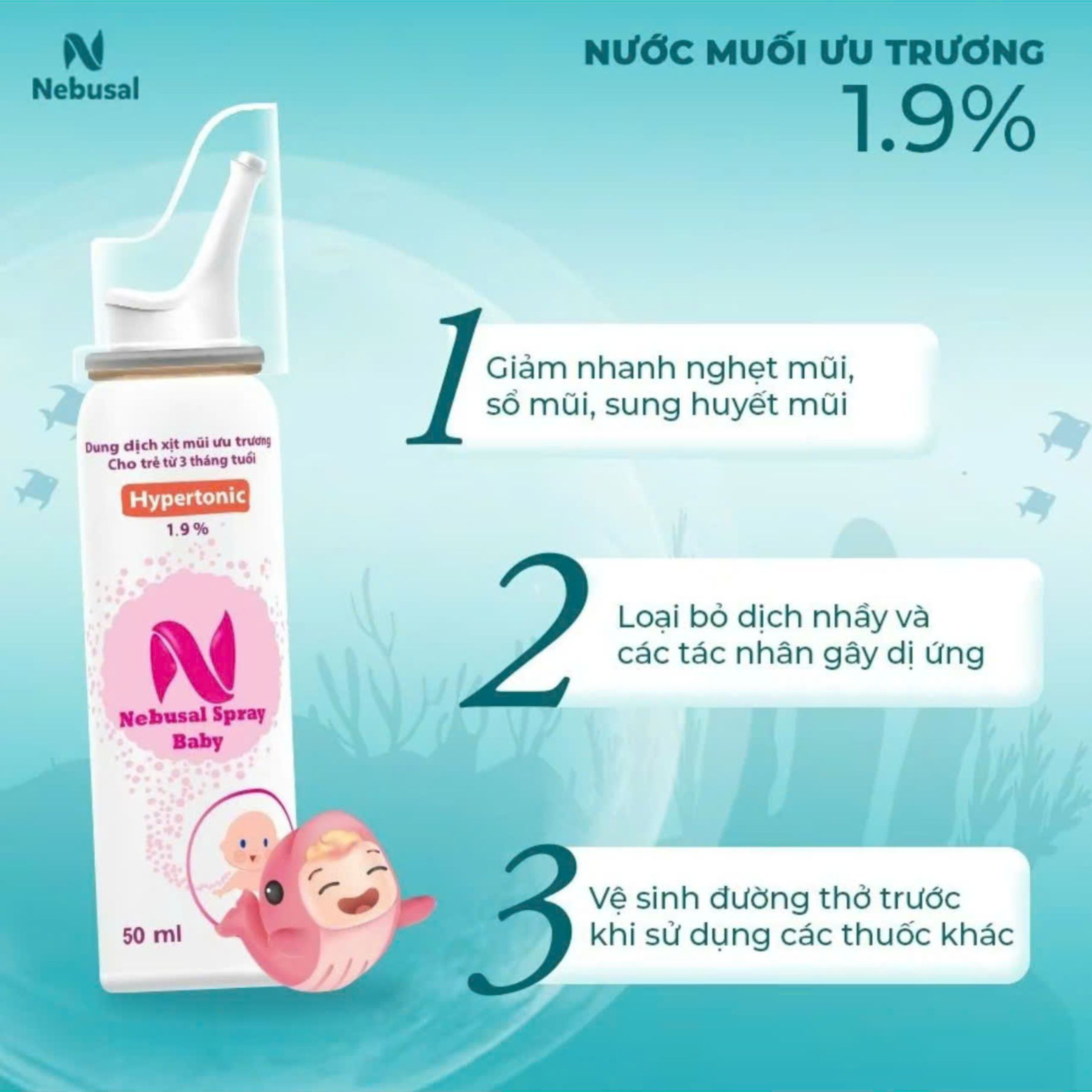 Xịt Mũi Nebusal Spray Baby 1.9% hỗ trợ giảm nghẹt mũi cho bé (Lọ 50ml)