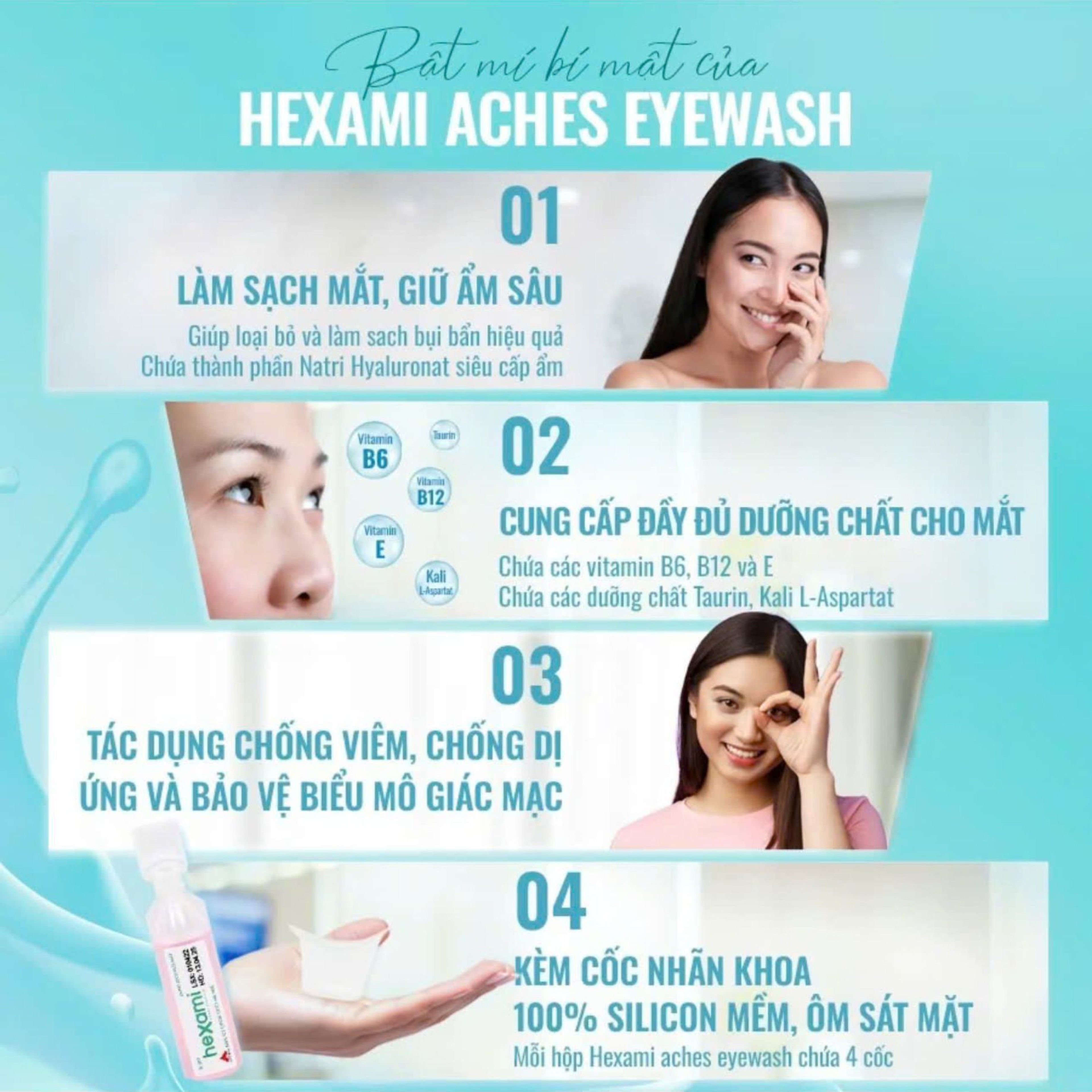 Dung dịch rửa mắt Hexami Aches Eyewash vô khuẩn công nghệ BFS giúp làm dịu, sạch sâu và bảo vệ mắt (20 Ống x 10ml)