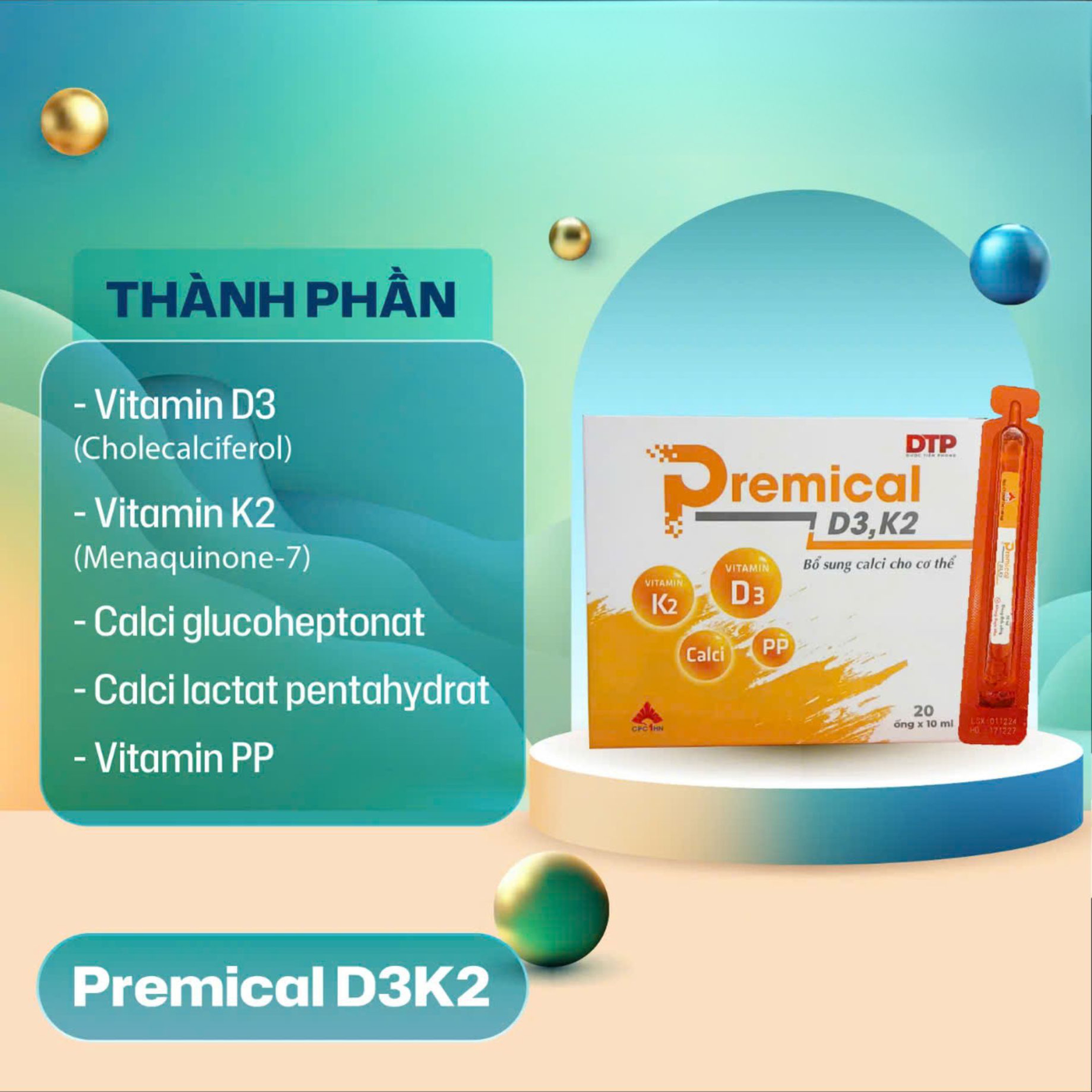 Dung dịch uống Premical D3K2 bổ sung canxi, vitamin D3K2 phòng loãng xương hiệu quả (Hộp 4 vỉ x 5 ống 10ml)