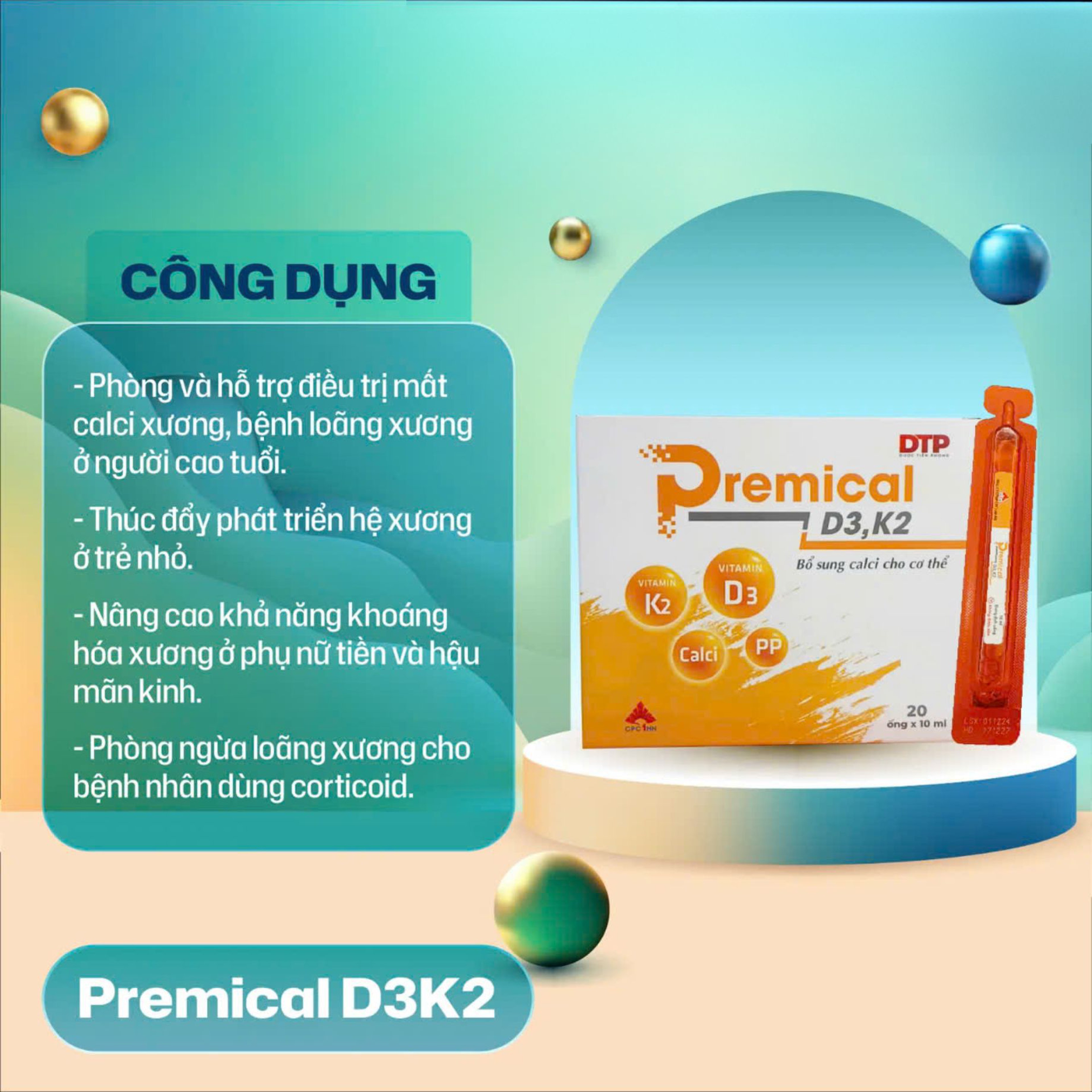 Dung dịch uống Premical D3K2 bổ sung canxi, vitamin D3K2 phòng loãng xương hiệu quả (Hộp 4 vỉ x 5 ống 10ml)