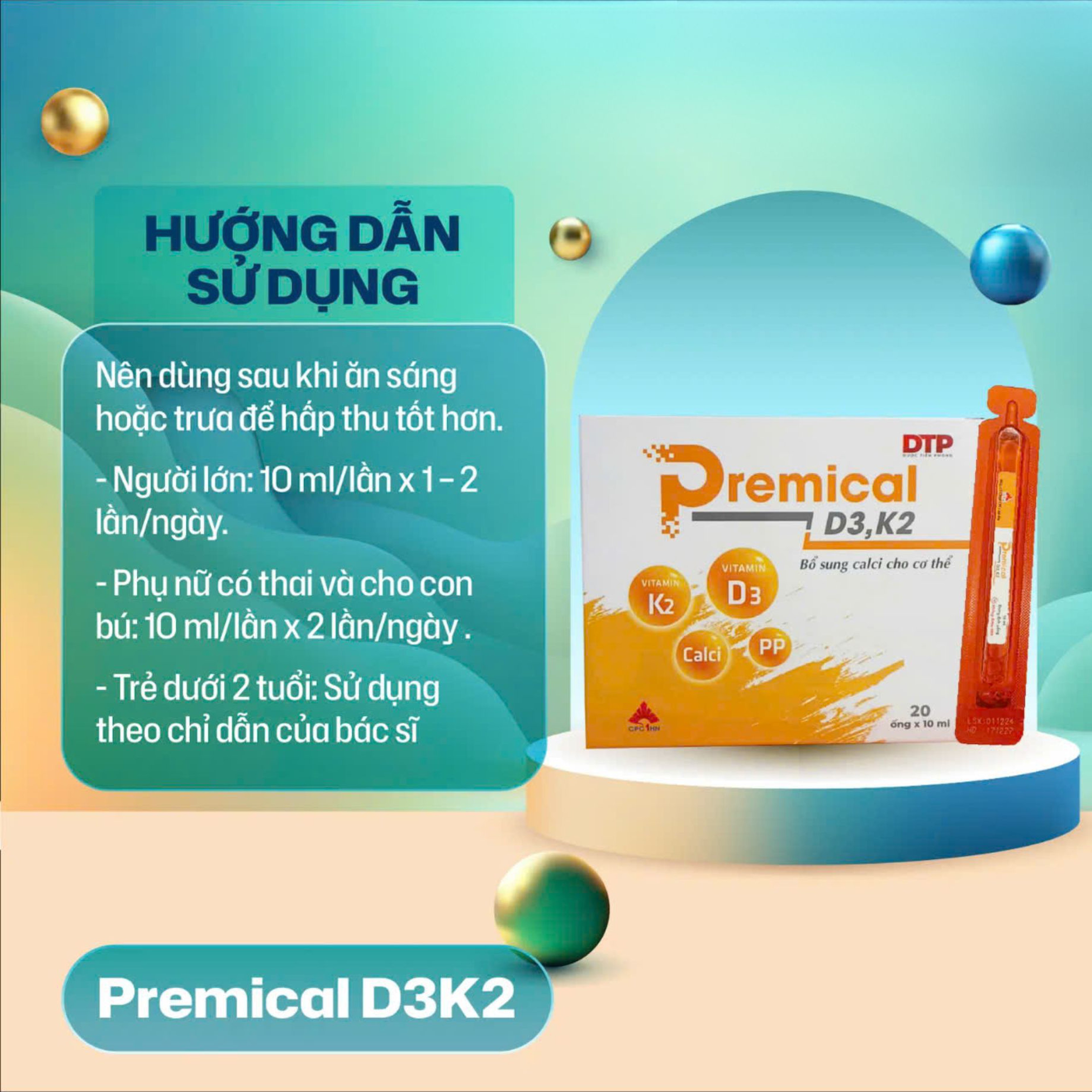 Dung dịch uống Premical D3K2 bổ sung canxi, vitamin D3K2 phòng loãng xương hiệu quả (Hộp 4 vỉ x 5 ống 10ml)