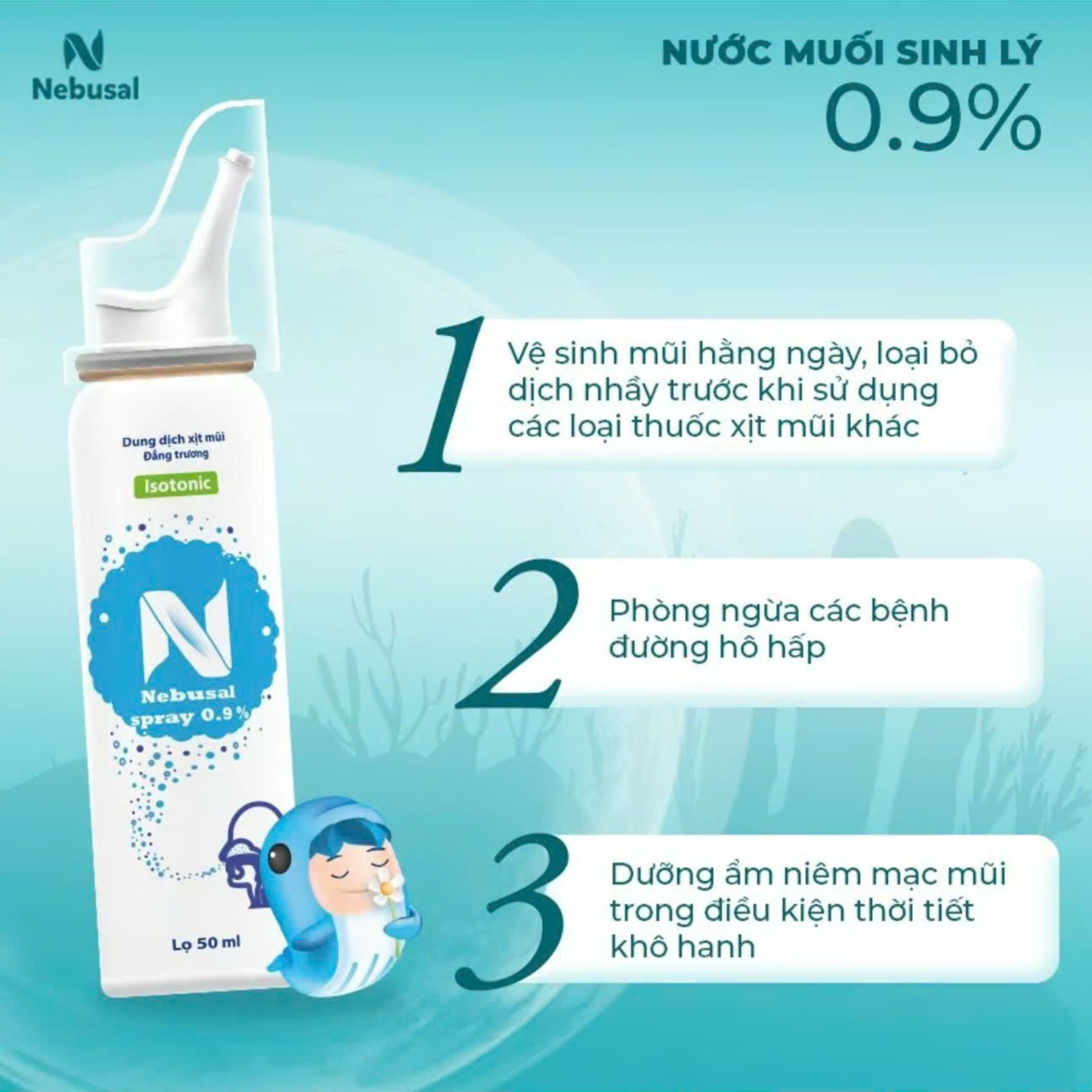 Dung dịch xịt mũi đẳng trương Nebusal Spray 0.9% Giúp Vệ Sinh Và Bảo Vệ Mũi Mỗi Ngày (Lọ 50ml)