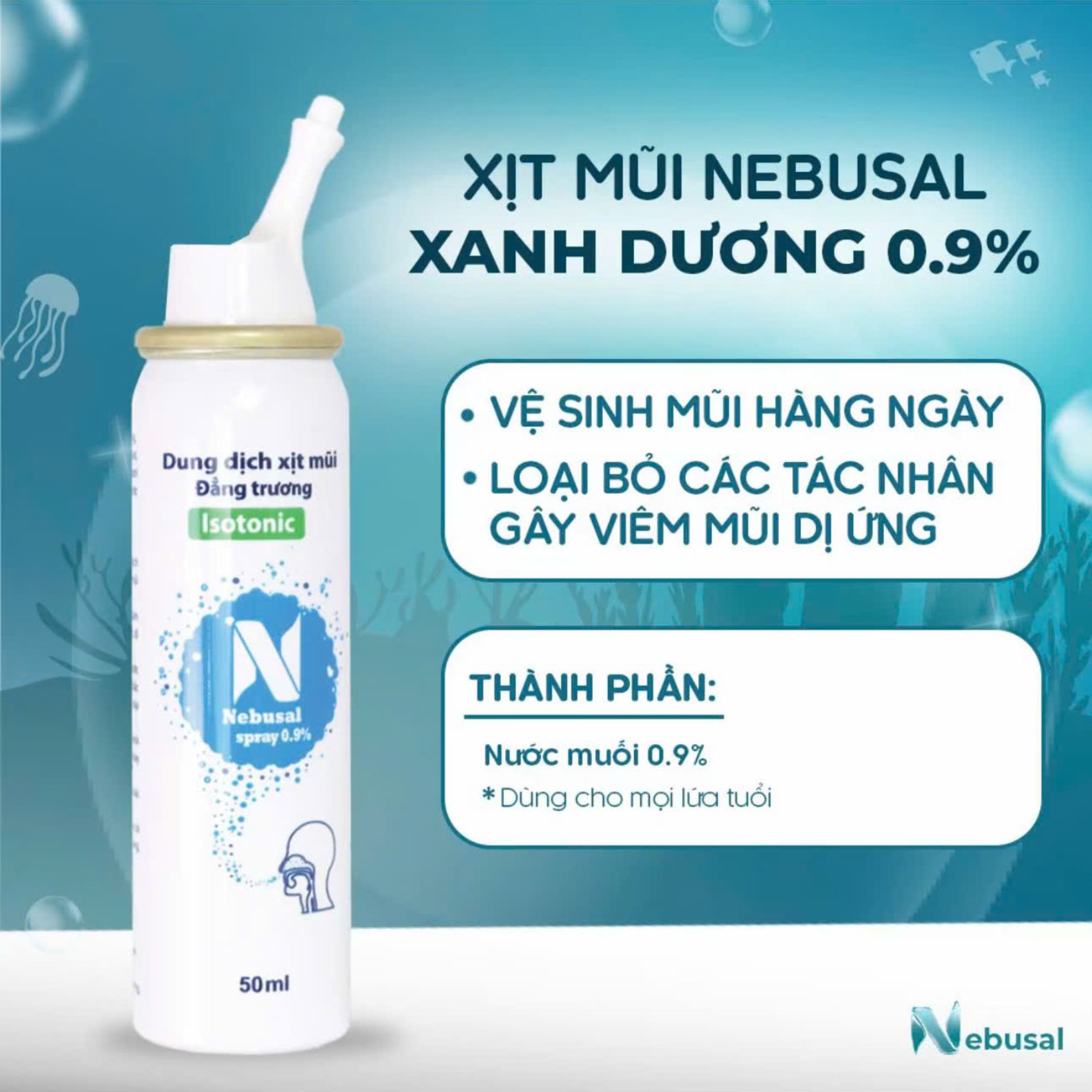 Dung dịch xịt mũi đẳng trương Nebusal Spray 0.9% Giúp Vệ Sinh Và Bảo Vệ Mũi Mỗi Ngày (Lọ 50ml)