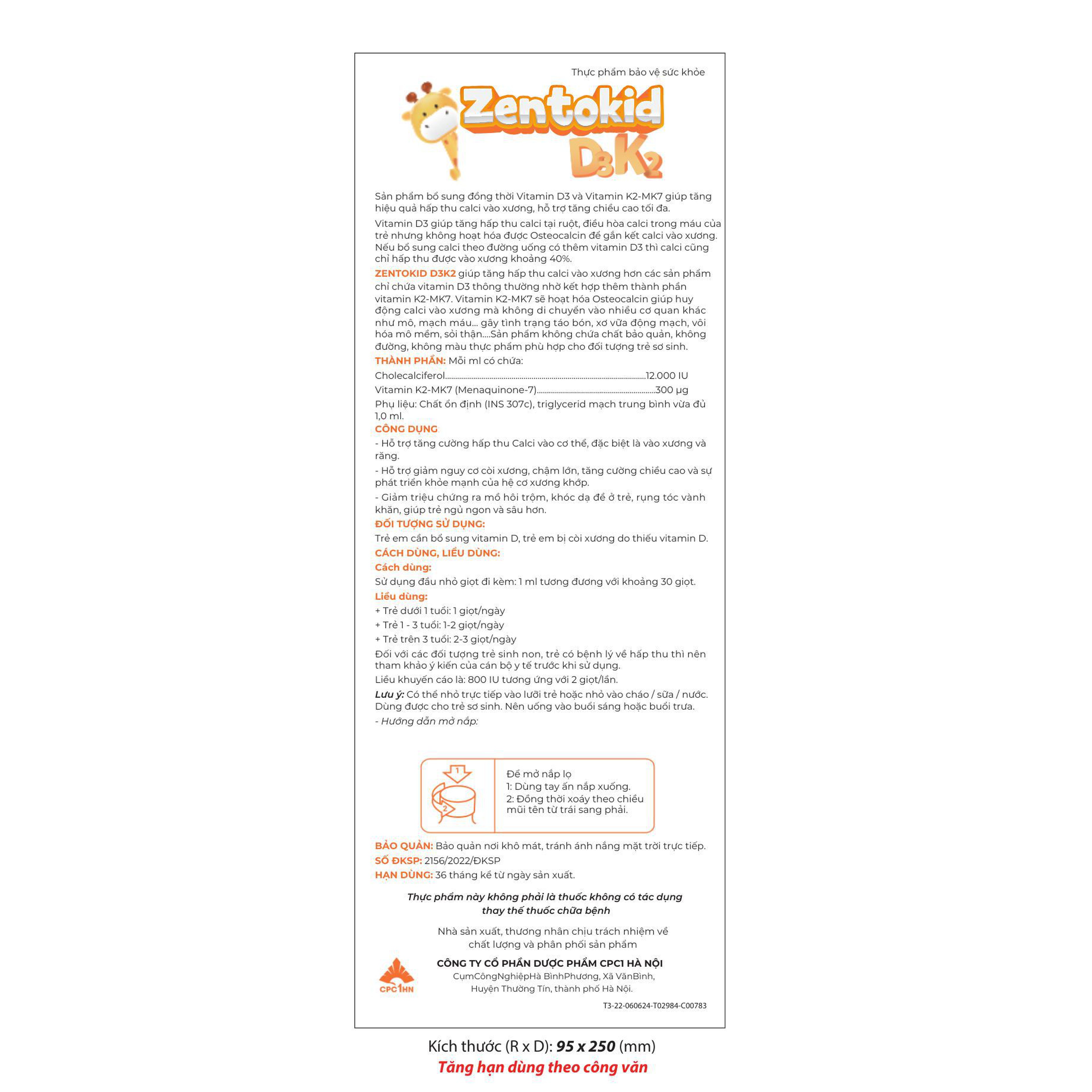 Siro Zentokid D3K2 Hỗ Trợ Tăng Cường Hấp Thu Calci, Giúp Xương Răng Chắc Khoẻ (Lọ 5ml)