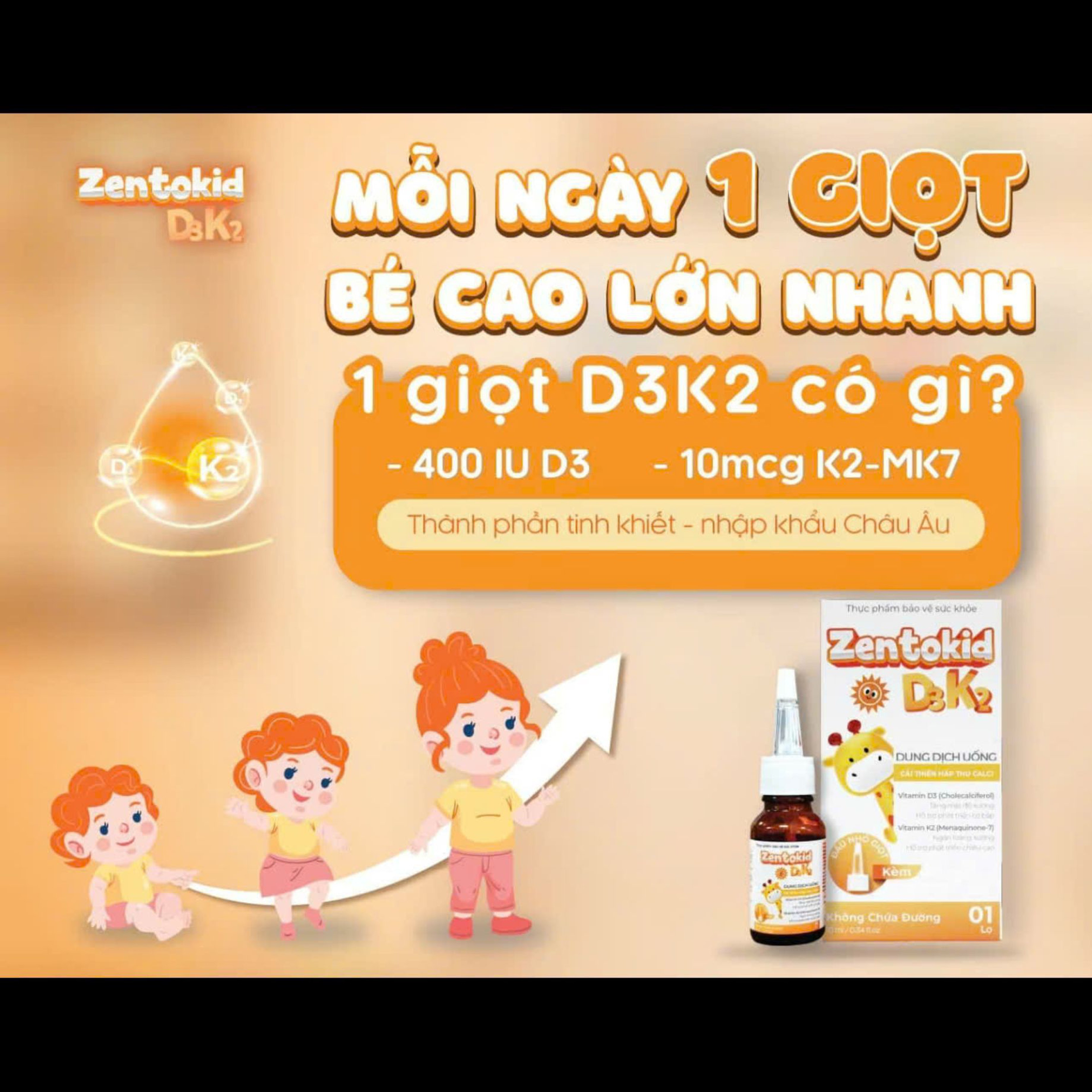Siro Zentokid D3K2 hỗ trợ hấp thu canxi và phát triển xương cho trẻ nhỏ