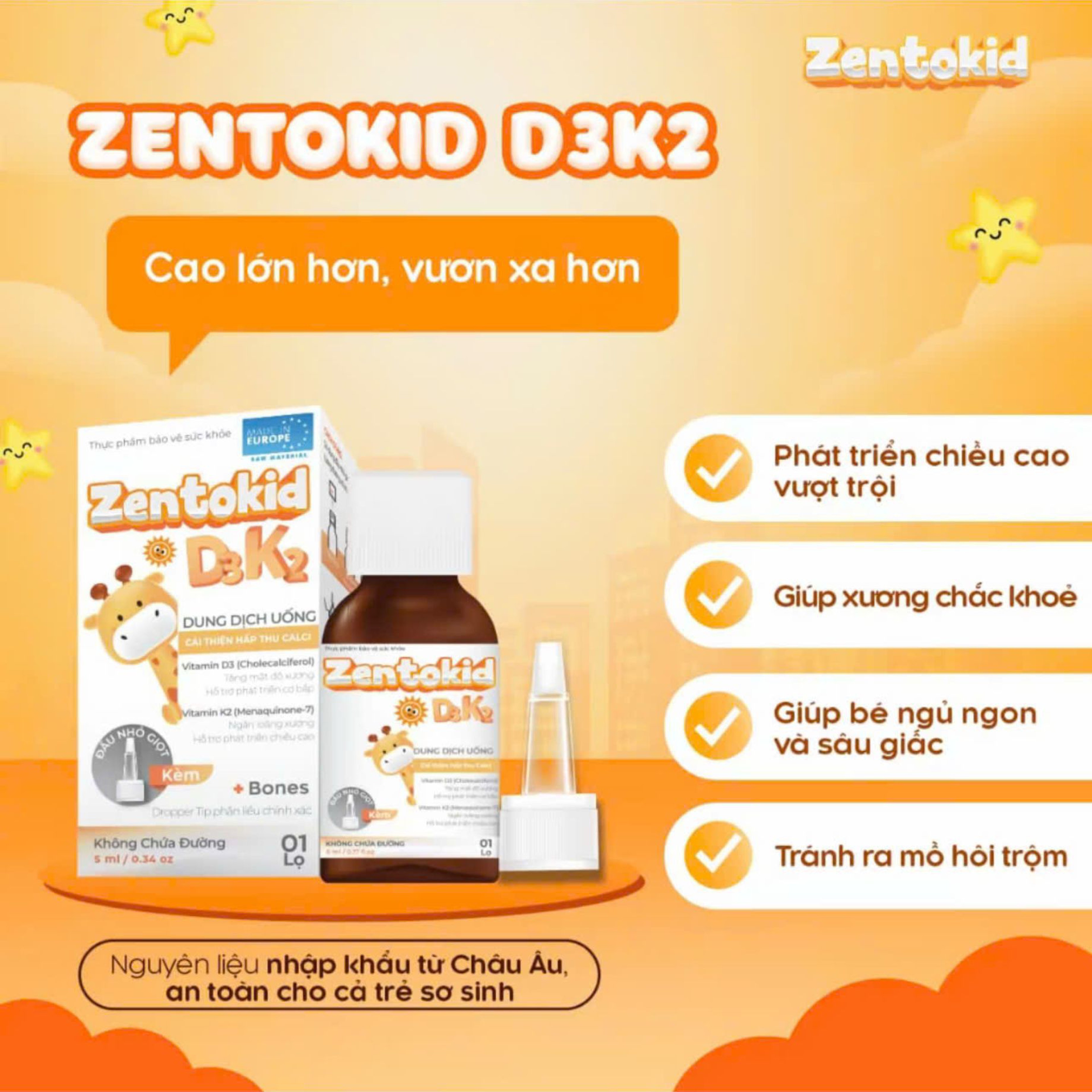 Siro Zentokid D3K2 hỗ trợ hấp thu canxi và phát triển xương cho trẻ nhỏ