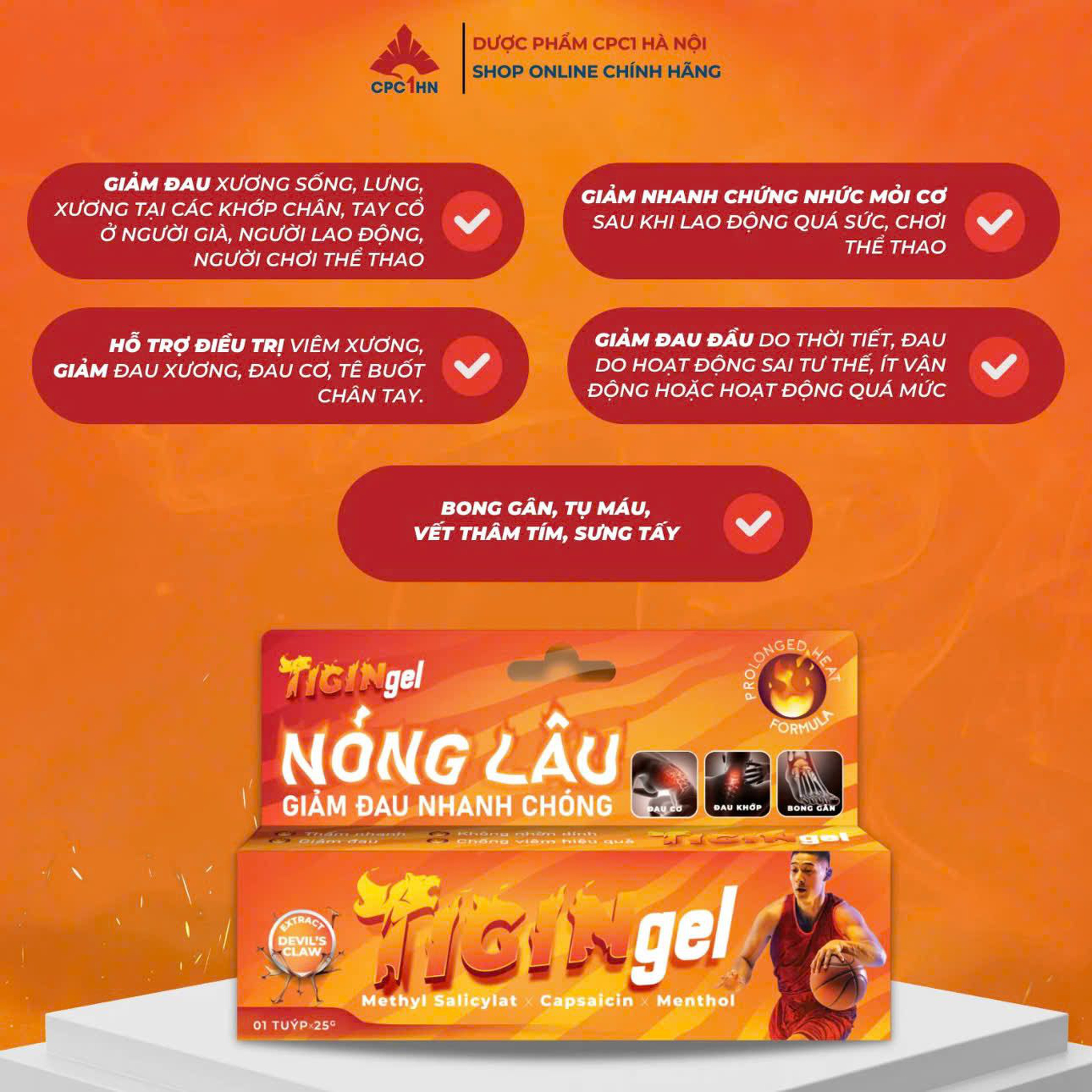 Gel bôi Tigin hỗ trợ giảm nhức mỏi cơ, xương khớp, bong gân an toàn (Hộp 1 tuýp 25g, 50g)