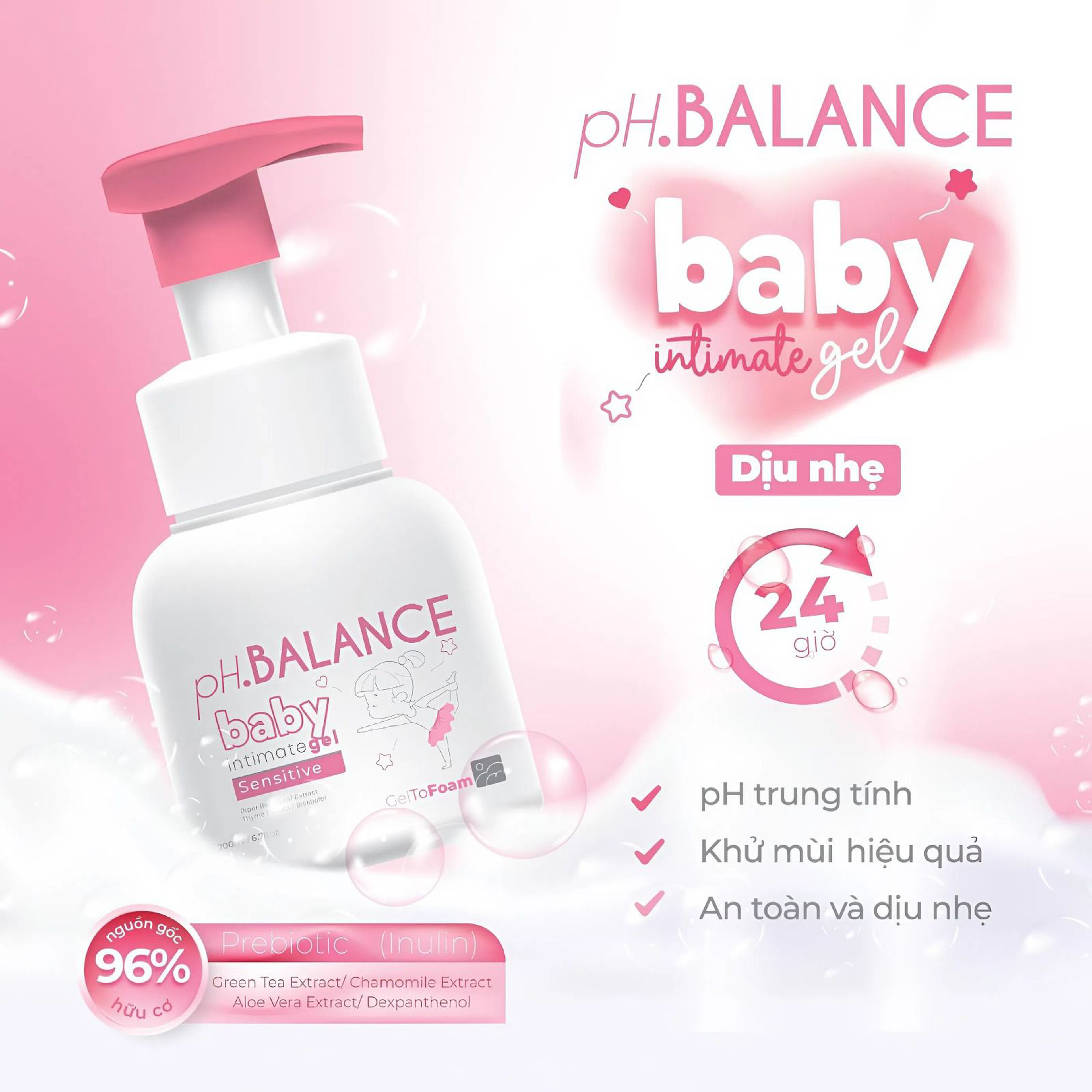 Gel bọt pH Balance Baby Intimate Gel vệ sinh vùng kín dịu nhẹ cho bé (Chai 200ml)