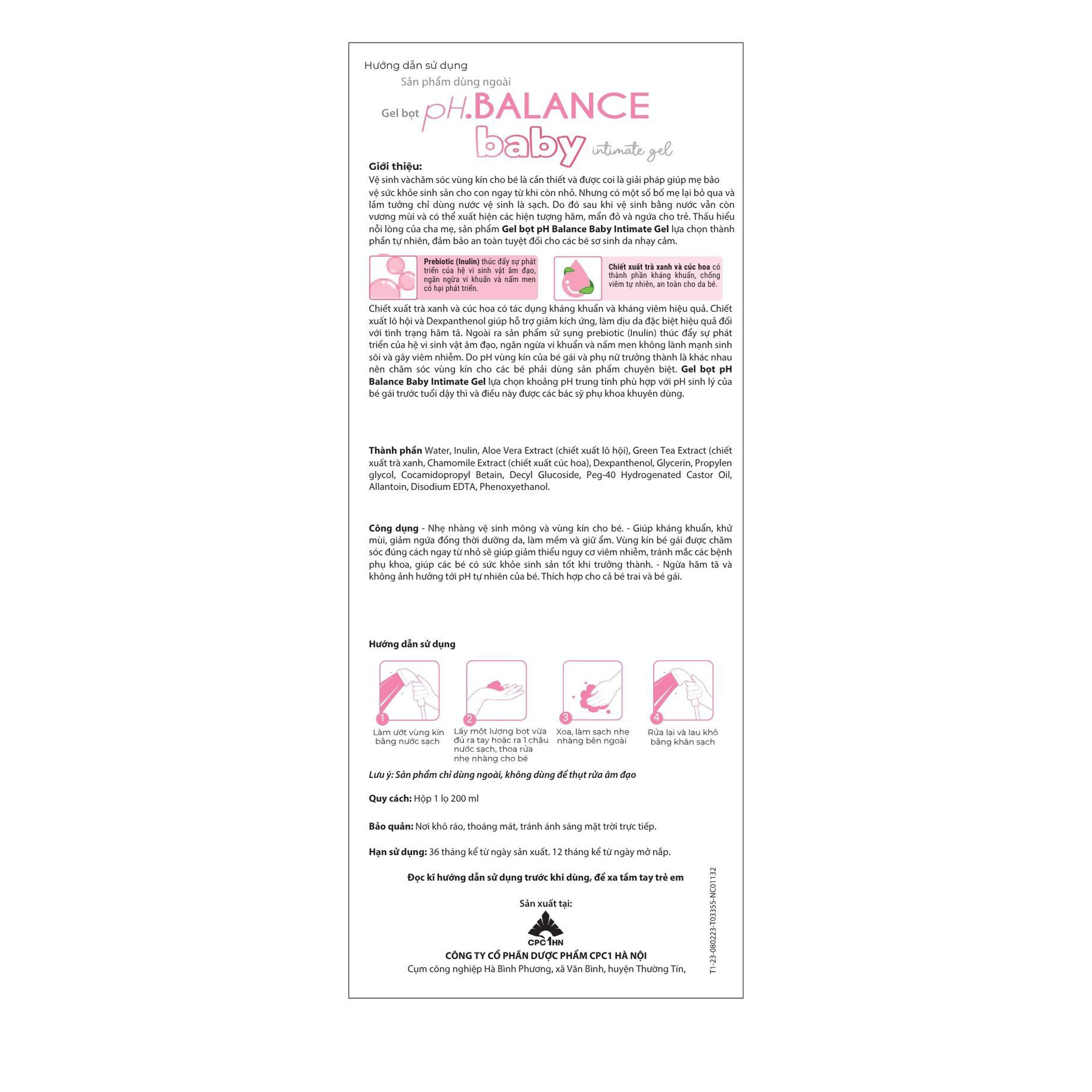 Bọt Vệ Sinh pH Balance Baby Cho Bé Trai Và Bé Gái Hỗ Trợ Làm Sạch Dịu Nhẹ, Ngăn Ngừa Hăm Tã, Rôm Sẩy (Chai 200ml)