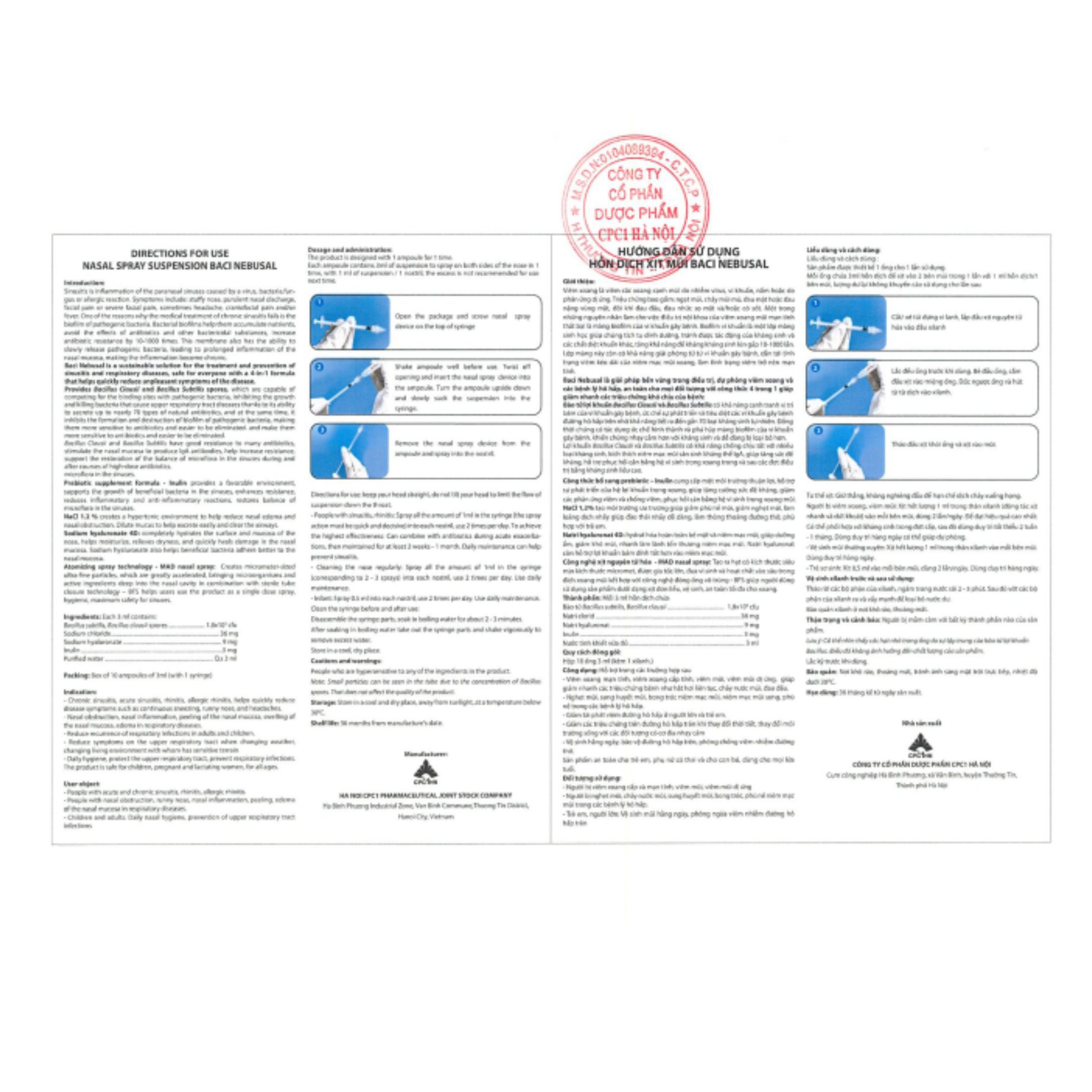 Xịt Mũi Baci Nebusal Bổ Sung Lợi Khuẩn Kết Hợp Muối Ưu Trương Giúp Giảm Nghẹt Mũi, Sổ Mũi, Viêm Mũi Cho Bé (Hộp 10 Ống 3 ml)