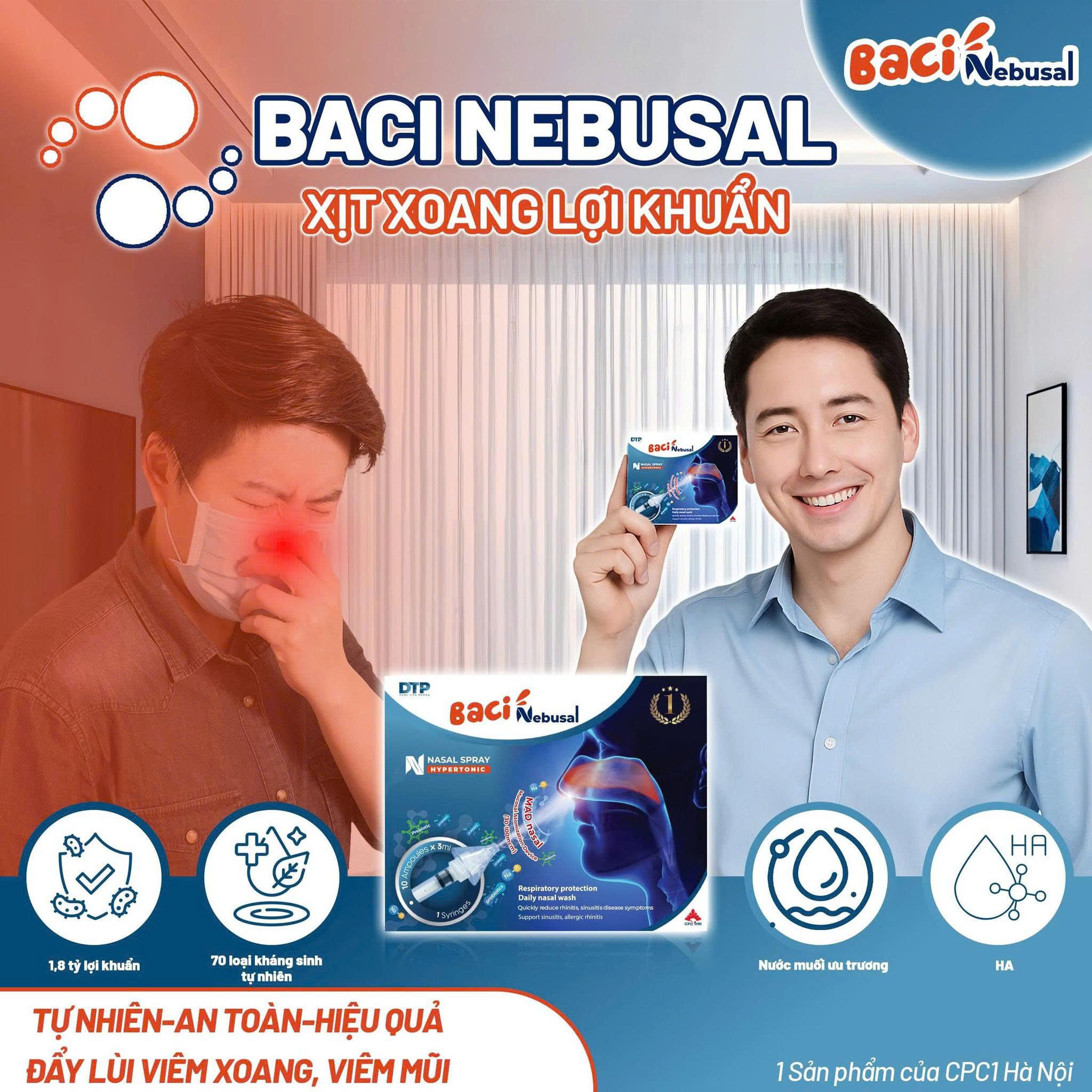 Xịt bào tử lợi khuẩn Baci Nebusal dành cho viêm xoang, viêm mũi dị ứng (Hộp 10 Ống 3 ml) - Cho Người Lớn