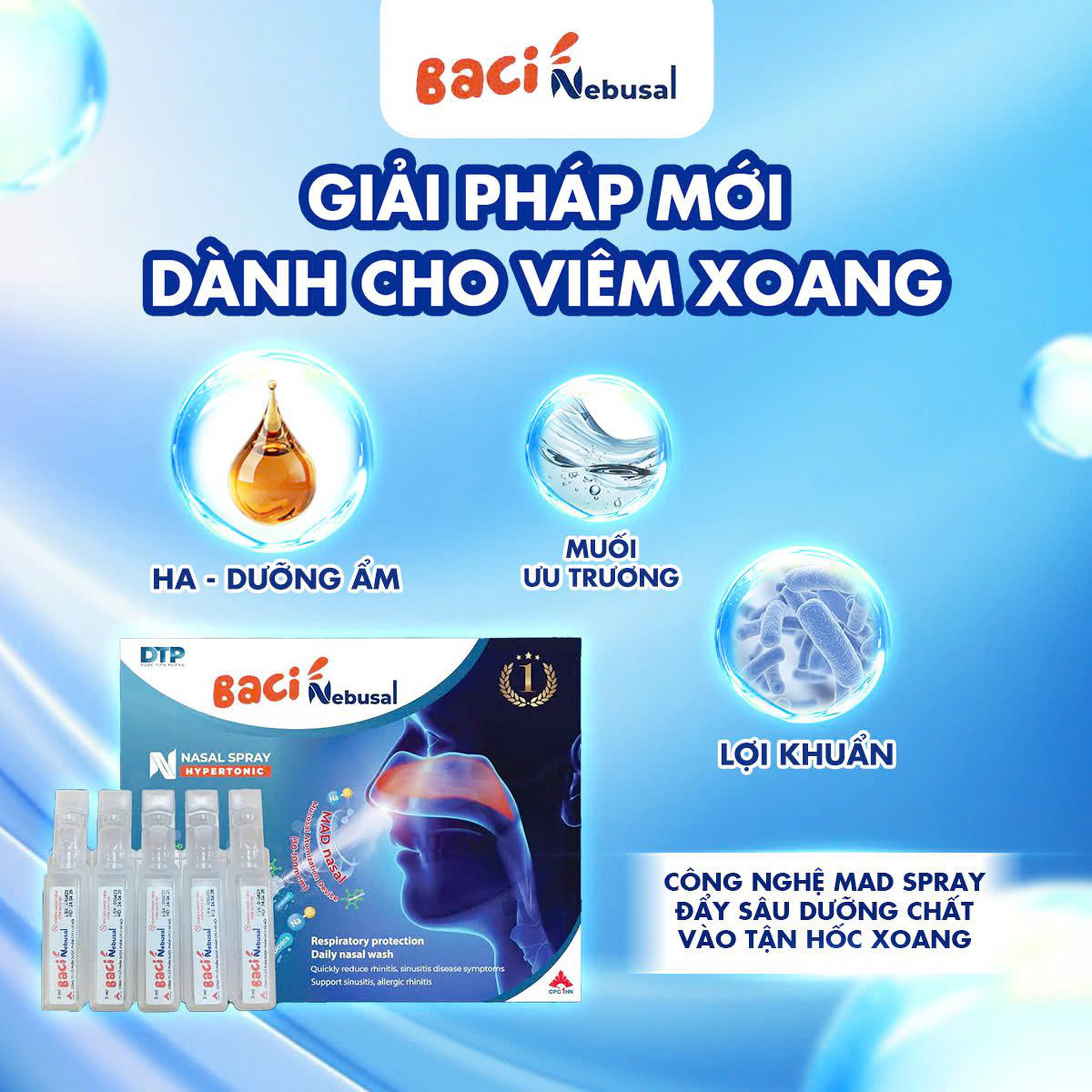Xịt bào tử lợi khuẩn Baci Nebusal dành cho viêm xoang, viêm mũi dị ứng (Hộp 10 Ống 3 ml) - Cho Người Lớn
