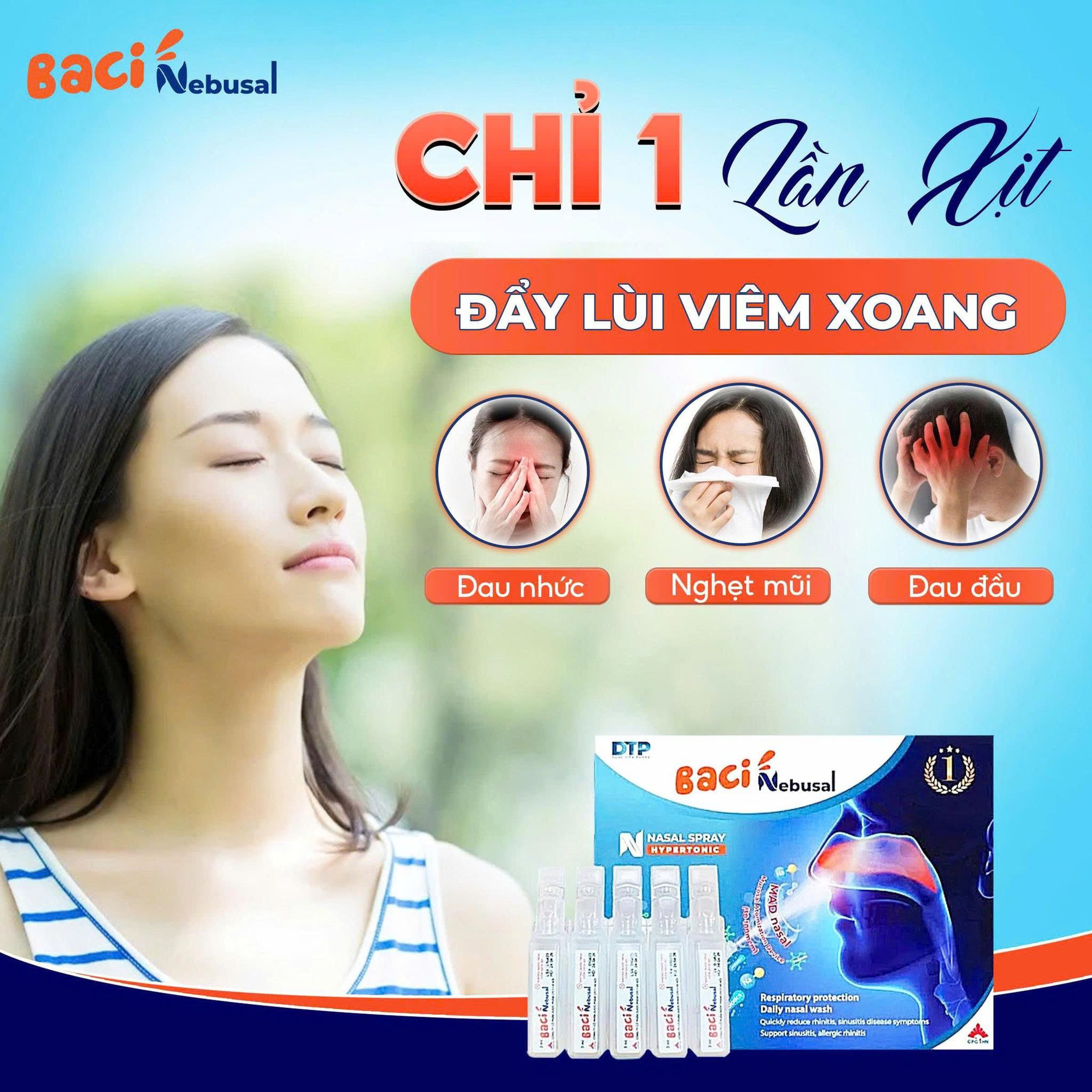 Xịt bào tử lợi khuẩn Baci Nebusal dành cho viêm xoang, viêm mũi dị ứng (Hộp 10 Ống 3 ml) - Cho Người Lớn