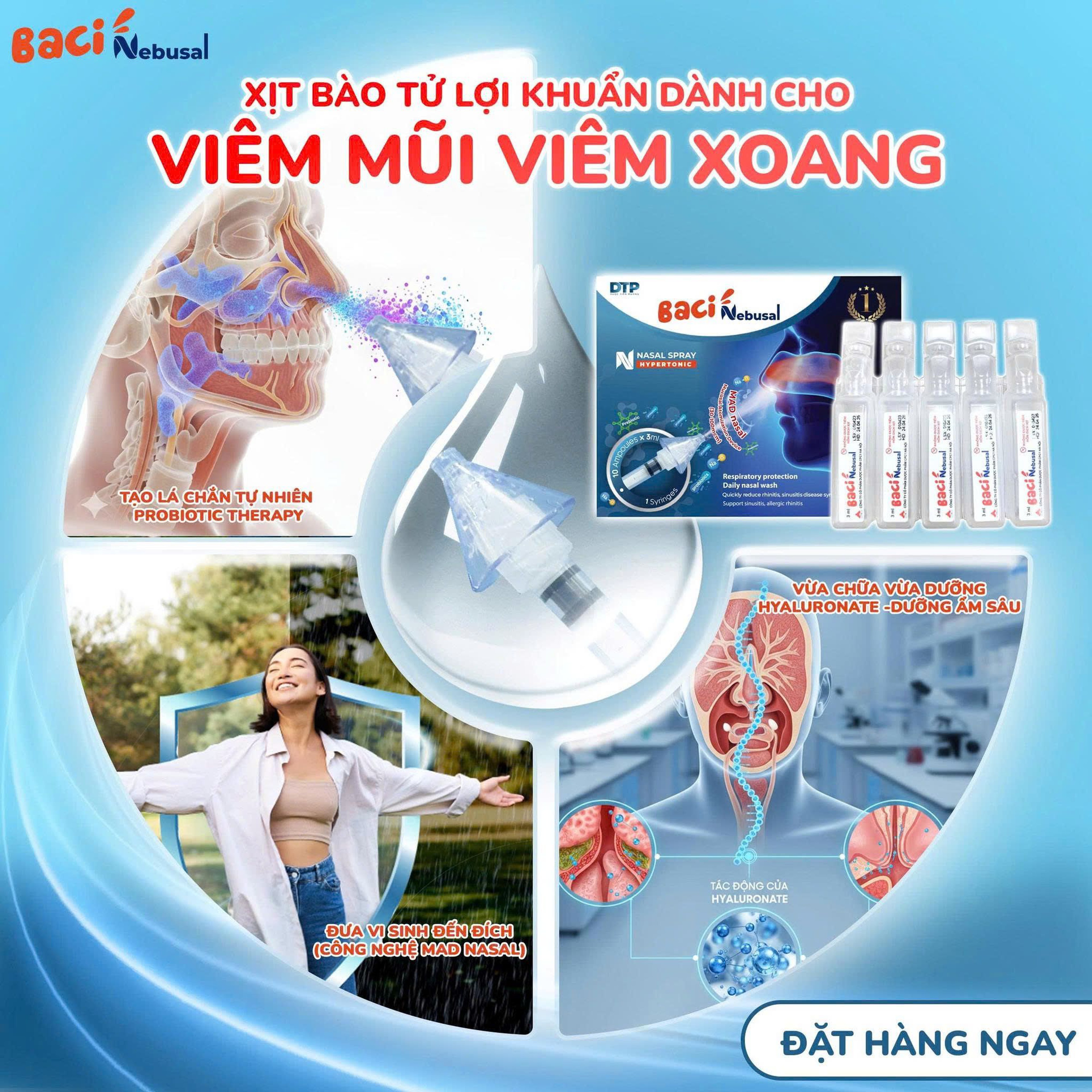 Xịt bào tử lợi khuẩn Baci Nebusal dành cho viêm xoang, viêm mũi dị ứng (Hộp 10 Ống 3 ml) - Cho Người Lớn