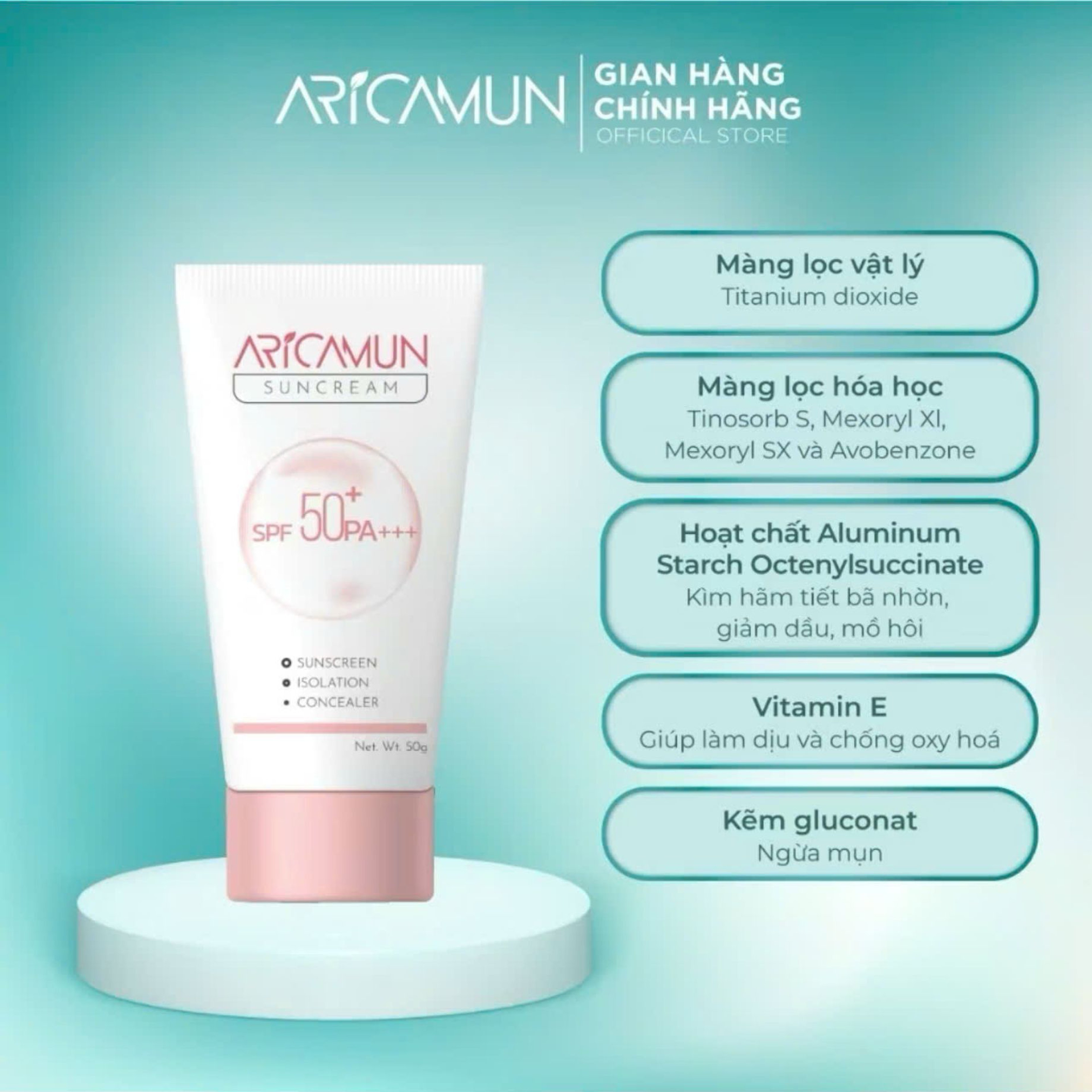 Kem Chống Nắng Aricamun Suncream SPF50+ Kiềm Dầu, Nâng Tone Và Bảo Vệ Da (50g)