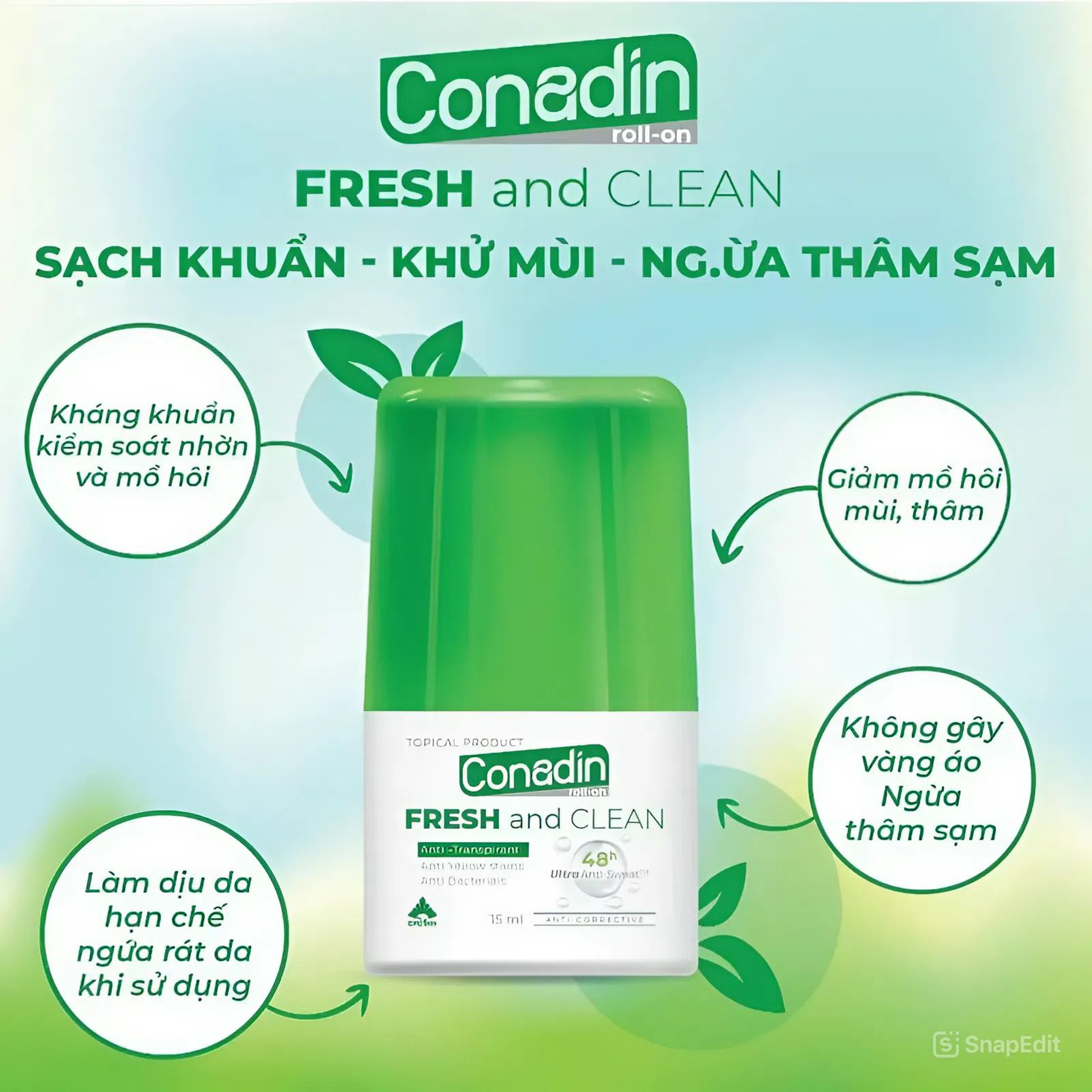 Lăn khử mùi Conadin roll-on Fresh and Clean Đặc trị hôi nách không xâm lấn (Hộp 1 lọ x 15ml, 30ml)