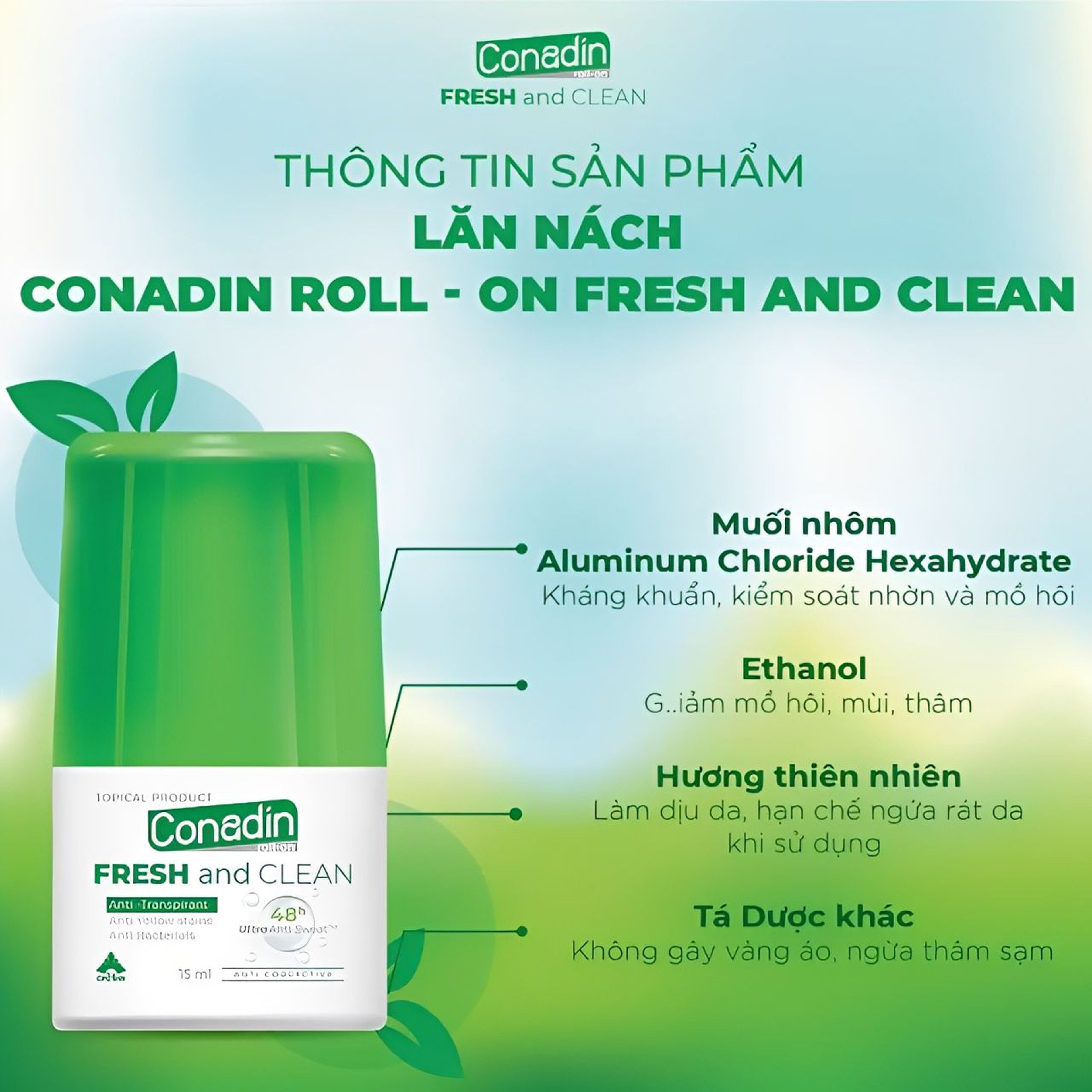 Lăn khử mùi Conadin roll-on Fresh and Clean Đặc trị hôi nách không xâm lấn (Hộp 1 lọ x 15ml, 30ml)