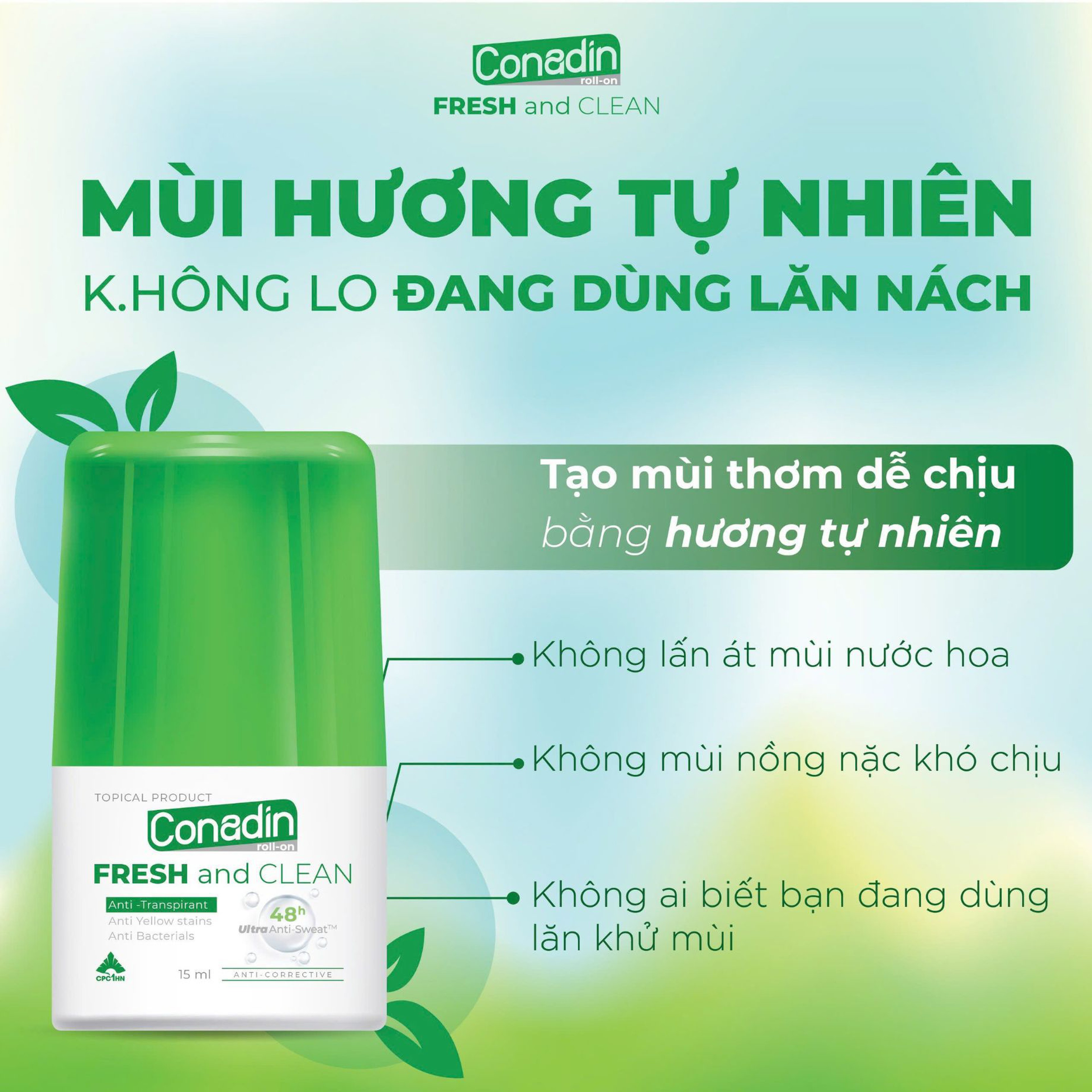 Lăn Nách Không Mùi Conadin roll-on Fresh and Clean Khử Mùi Hôi, Không Thâm Nách, Không Ố Vàng Áo(Lọ 15ml, 30ml)