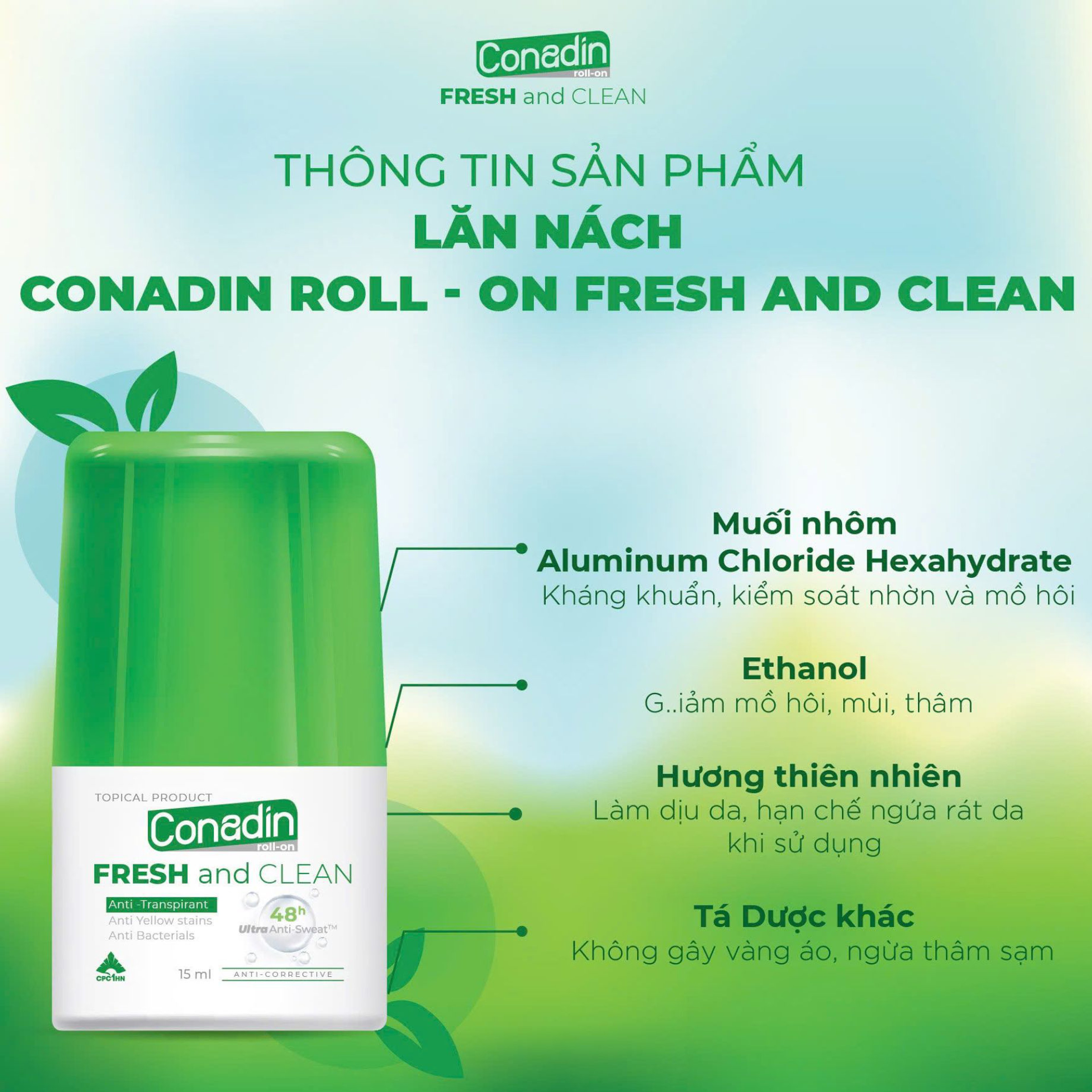 Lăn Nách Không Mùi Conadin roll-on Fresh and Clean Khử Mùi Hôi, Không Thâm Nách, Không Ố Vàng Áo(Lọ 15ml, 30ml)