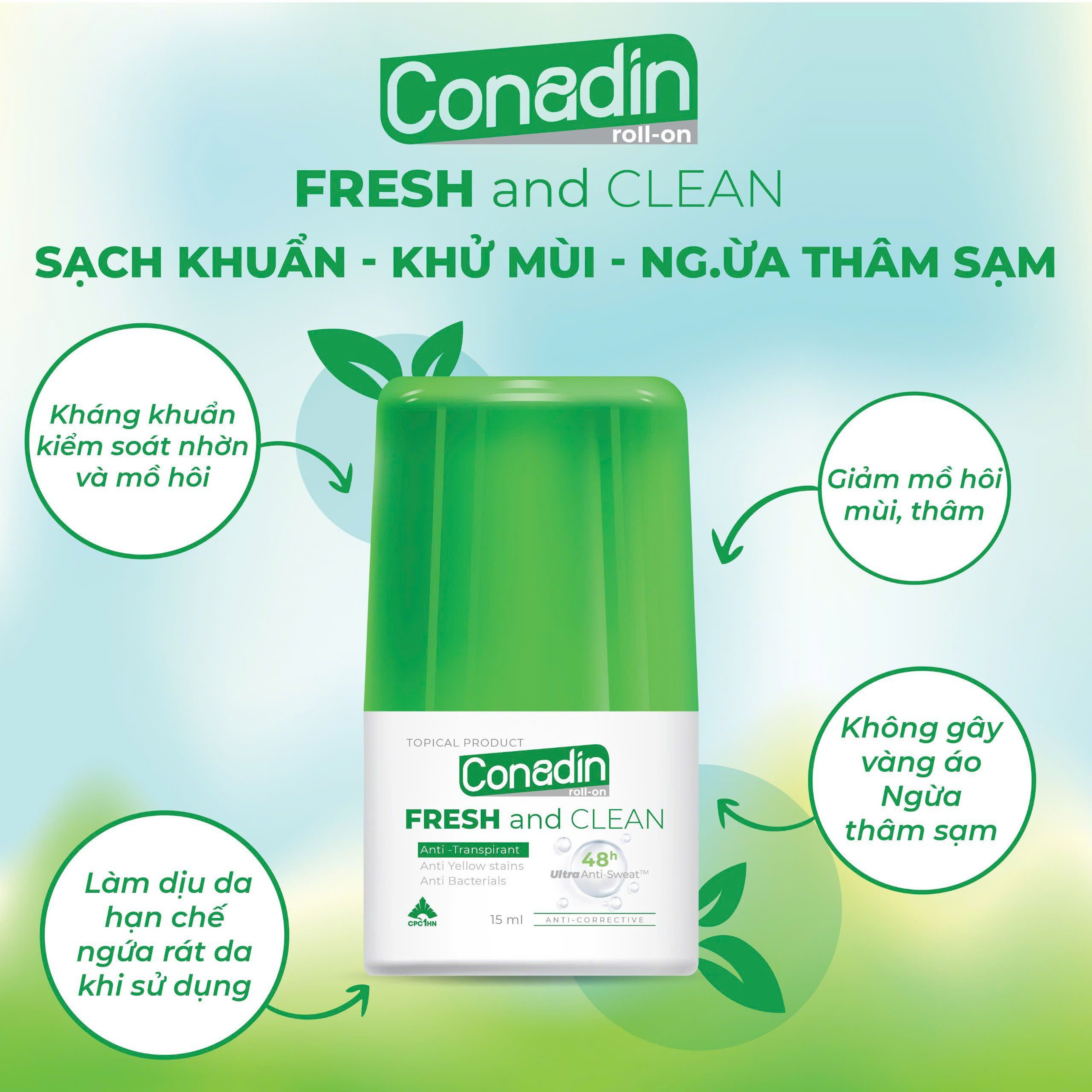 Lăn Nách Không Mùi Conadin roll-on Fresh and Clean Khử Mùi Hôi, Không Thâm Nách, Không Ố Vàng Áo(Lọ 15ml, 30ml)