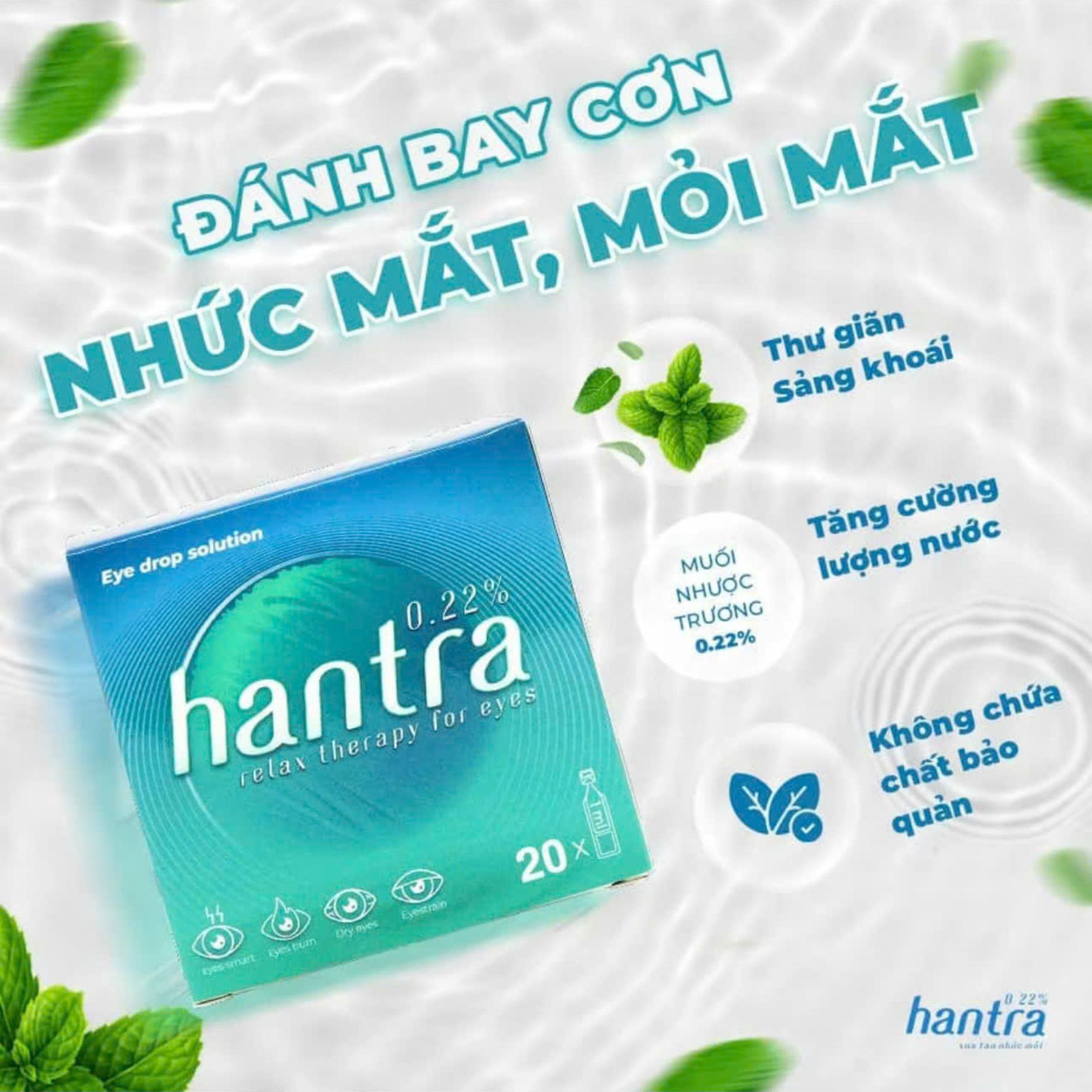 Nhỏ mắt Hantra 0.22% Chăm Sóc Và Vệ Sinh Dưỡng Ẩm Dịu Nhẹ Mắt Hàng Ngày Hiệu Quả (20 Ống)