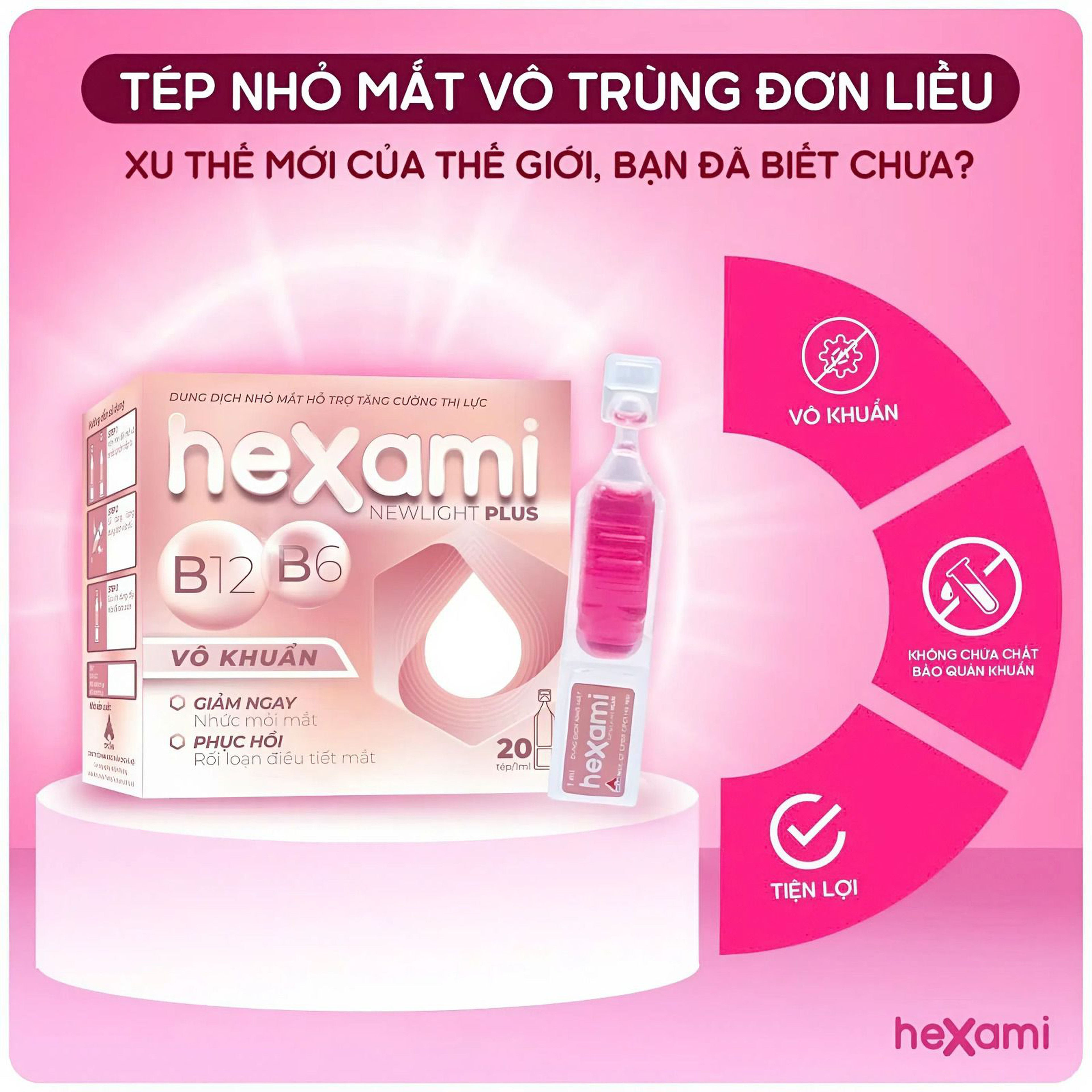 Nhỏ mắt Hexami Newlight Plus Giảm Khô Mắt, Cải Thiện Điều Tiết & Bảo Vệ Mắt Trong Thời Đại Số (Hộp 4 Vỉ x 5 Tép)