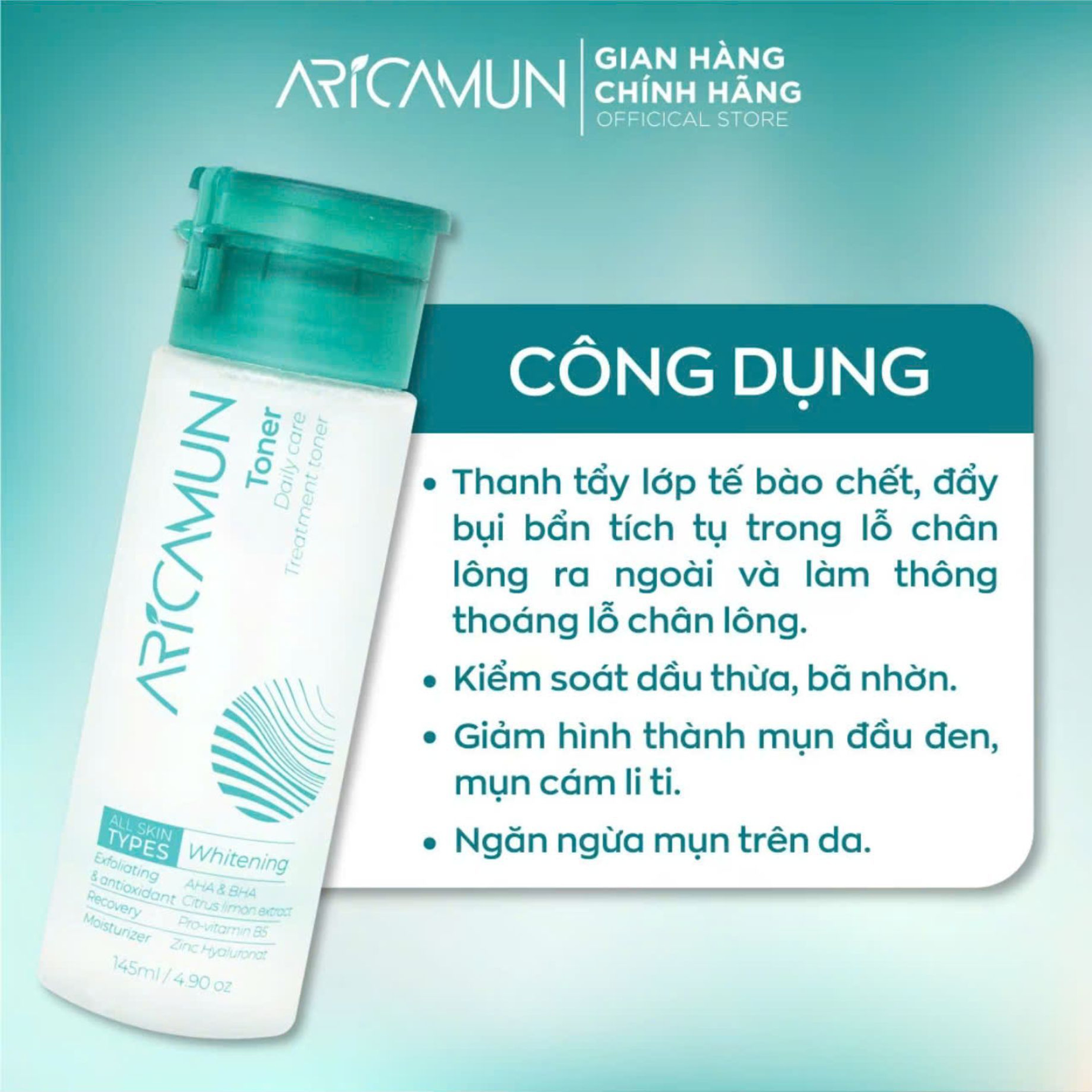 Nước cân bằng da Aricamun Toner Cân Bằng pH, Sạch Sâu, Dưỡng Ẩm (145ml)