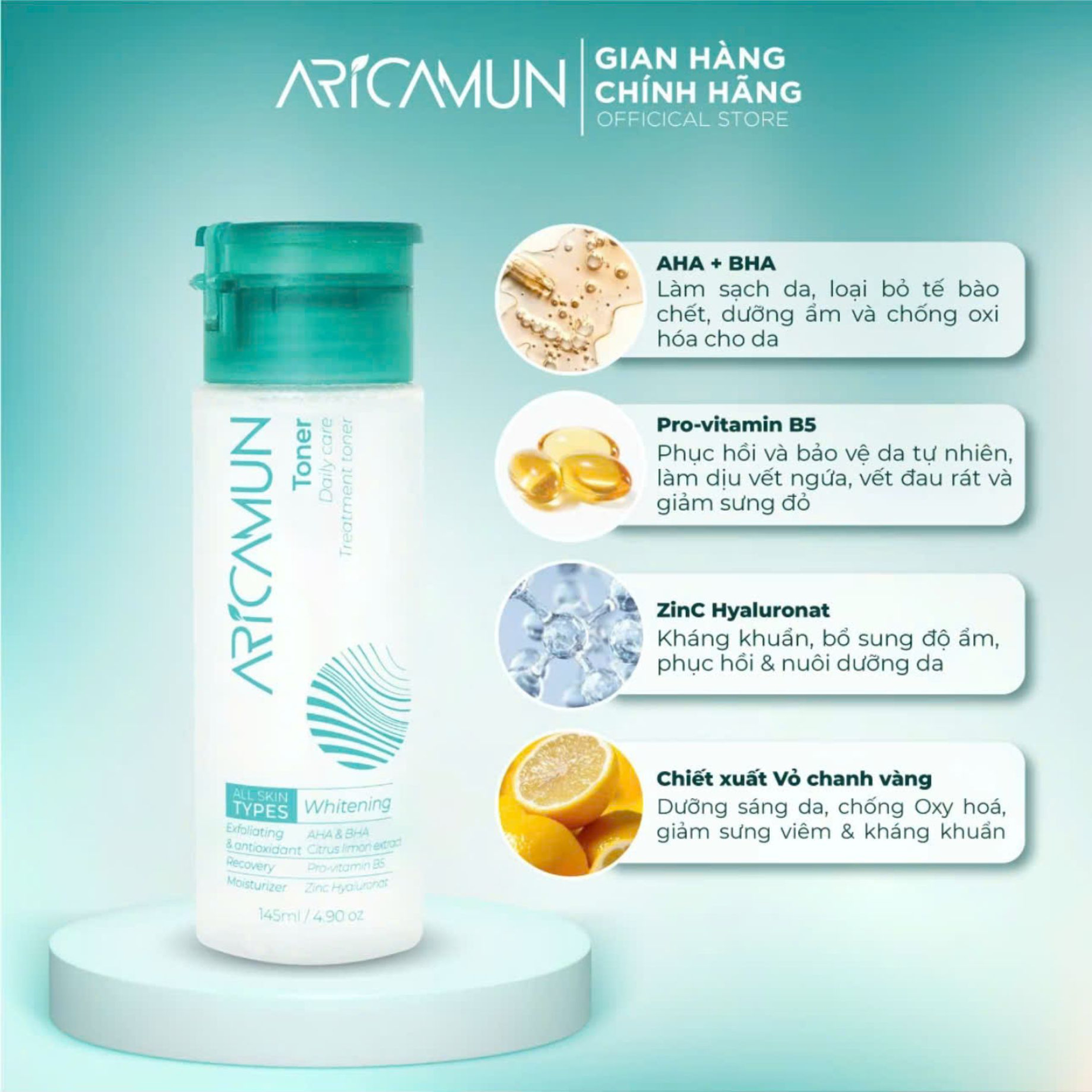Nước cân bằng da Aricamun Toner Cân Bằng pH, Sạch Sâu, Dưỡng Ẩm (145ml)