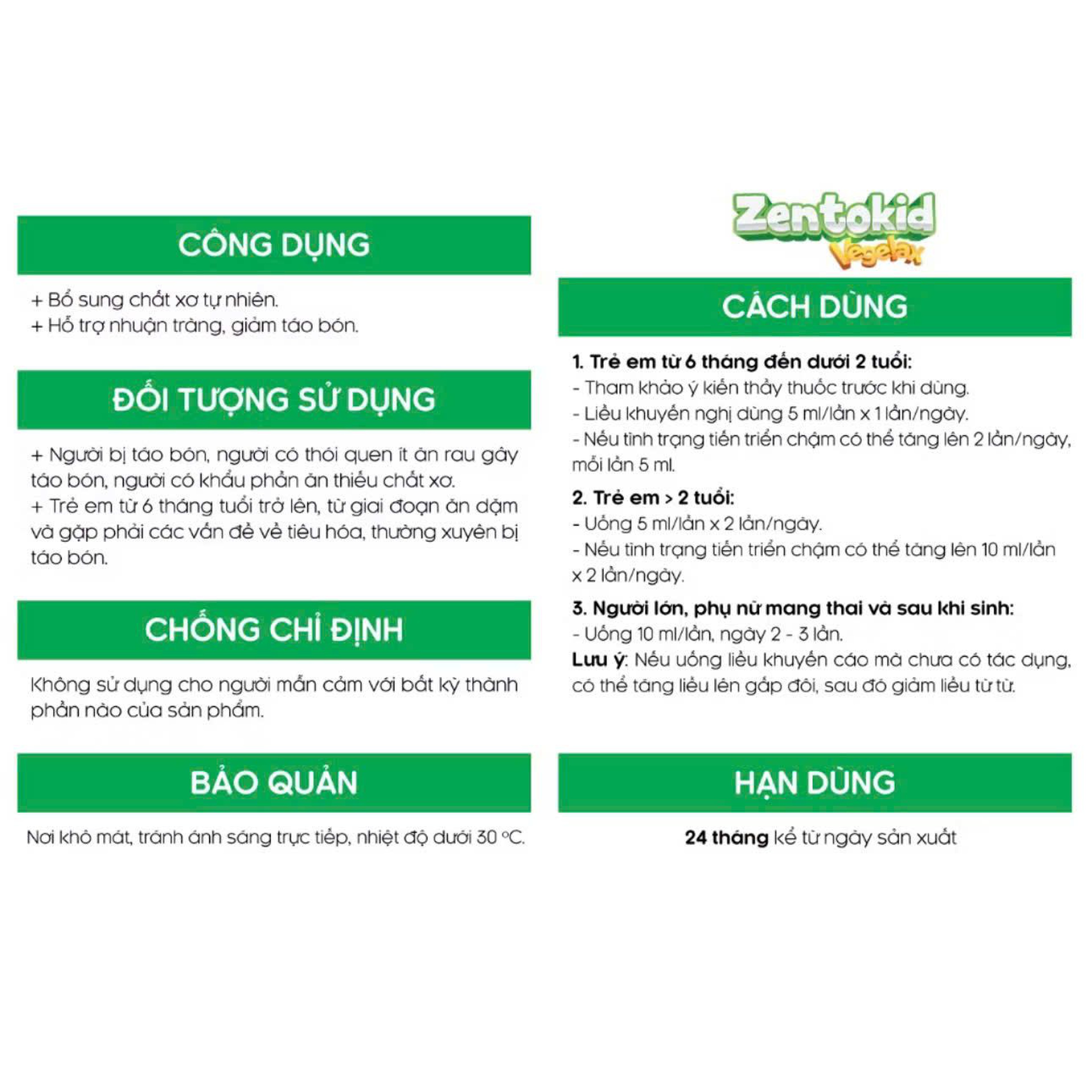 Siro chất xơ Zentokid Vegelax giảm táo bón (Hộp 20 ống x 5ml)