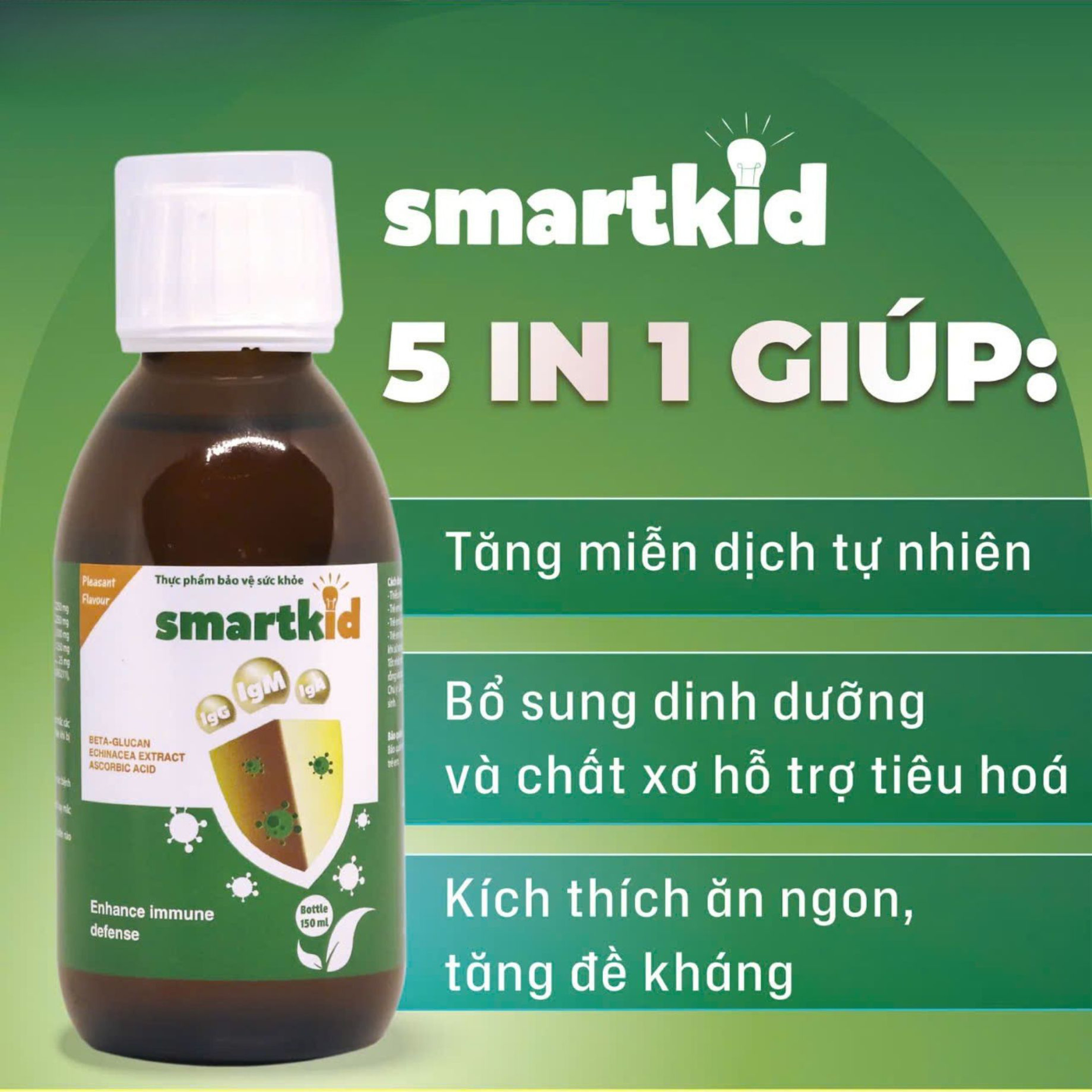 Siro Smartkid hỗ trợ tăng cường sức đề kháng, tăng miễn dịch tự nhiên cho cơ thể (Hộp 1 chai 150ml)
