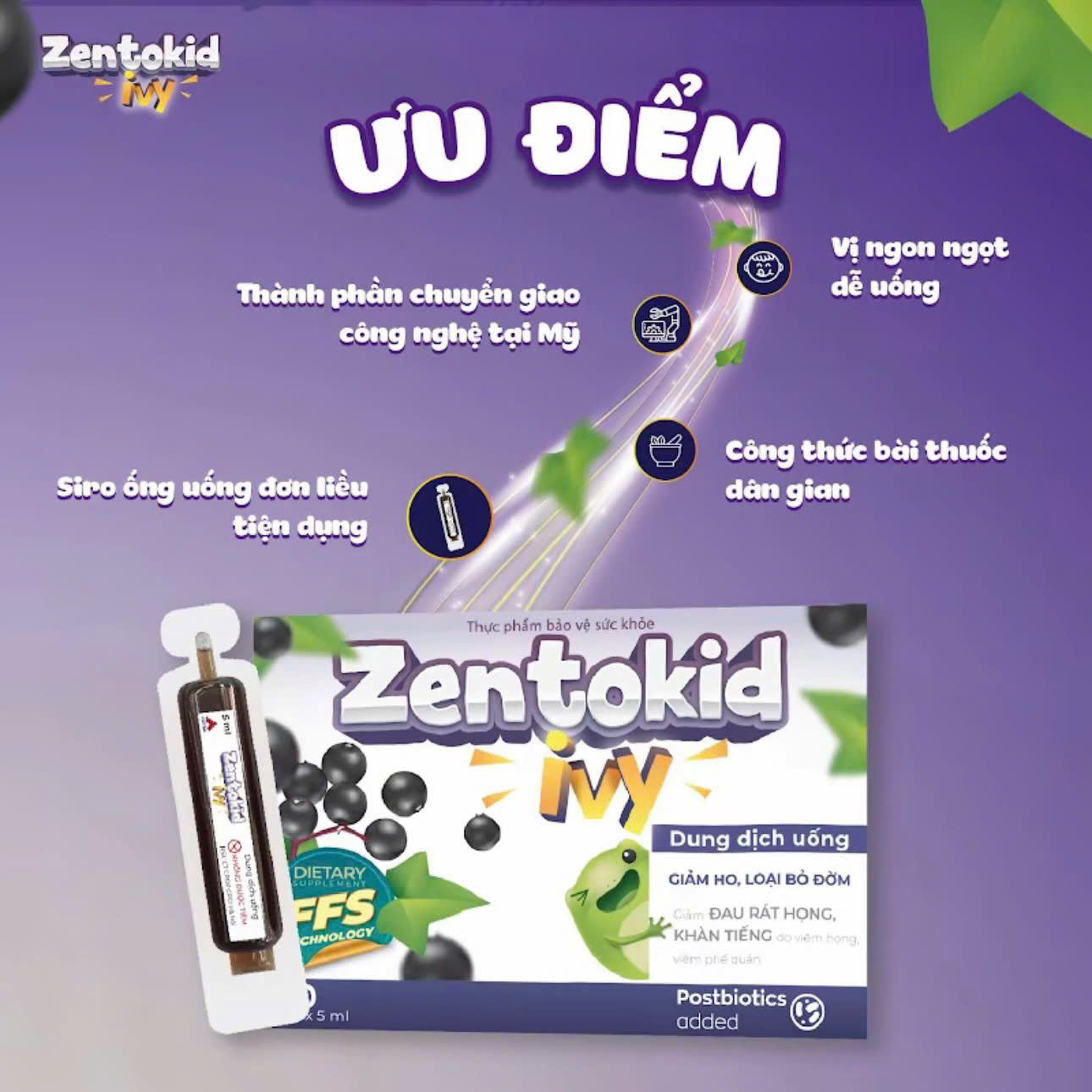 Siro Zentokid Ivy Giảm Ho Có Đờm, Khàn Tiếng Khi Cảm Lạnh Cho Bé Thành Phần Húng Chanh, Cao Lá Thường Xuân (Hộp 20 Ống)