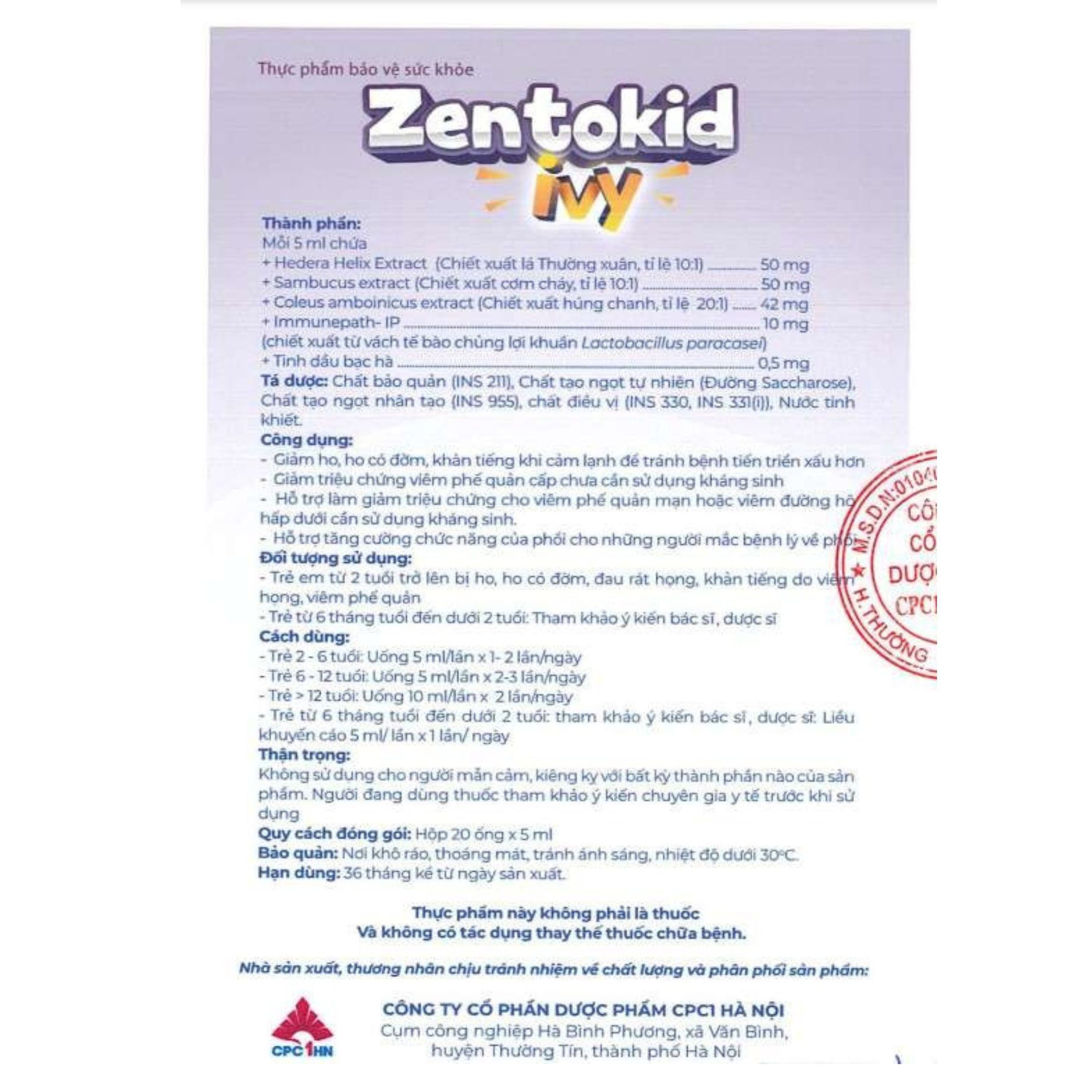 Siro Zentokid Ivy Giảm Ho Có Đờm, Khàn Tiếng Khi Cảm Lạnh Cho Bé Thành Phần Húng Chanh, Cao Lá Thường Xuân (Hộp 20 Ống)