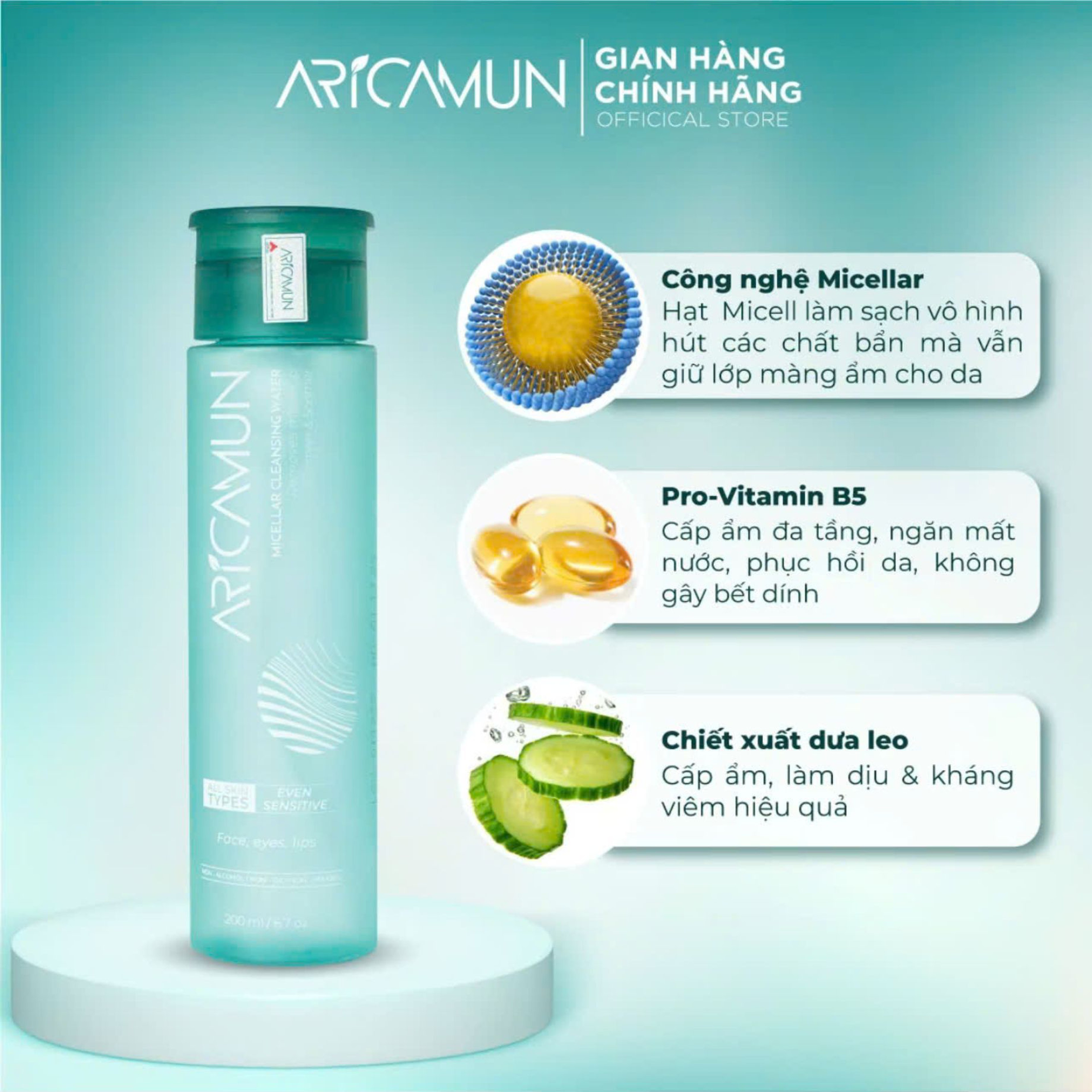 Tẩy trang Aricamun Micellar Cleansing Water dịu nhẹ, sạch sâu (200ml)