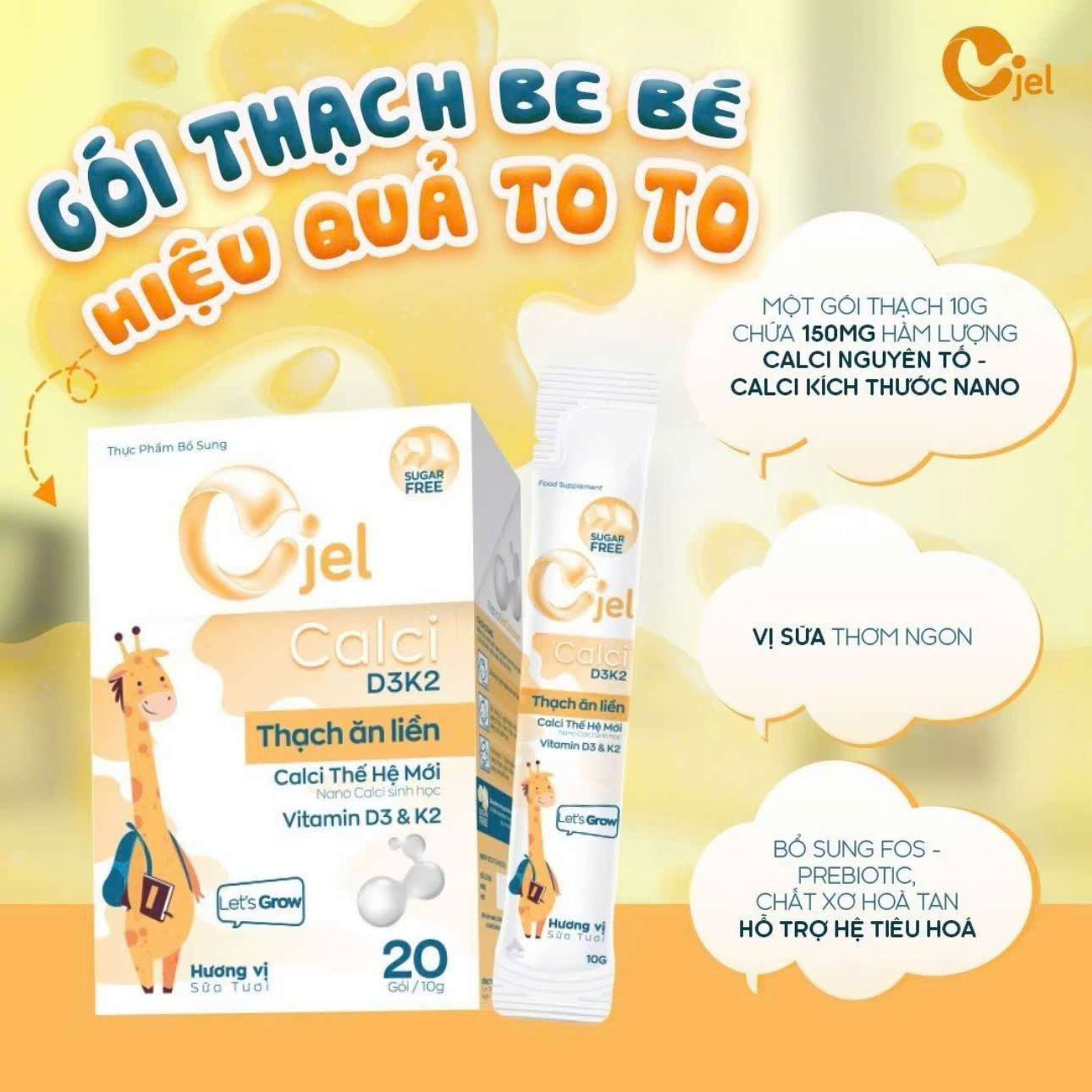 Thanh Dinh Dưỡng Cjel Calci Bổ Sung Canxi, Vitamin D3, Vitamin K2 Giúp Bé Phát Triển Chiều Cao, Tăng Cường Hấp Thu Canxi (Hộp 20 Gói)