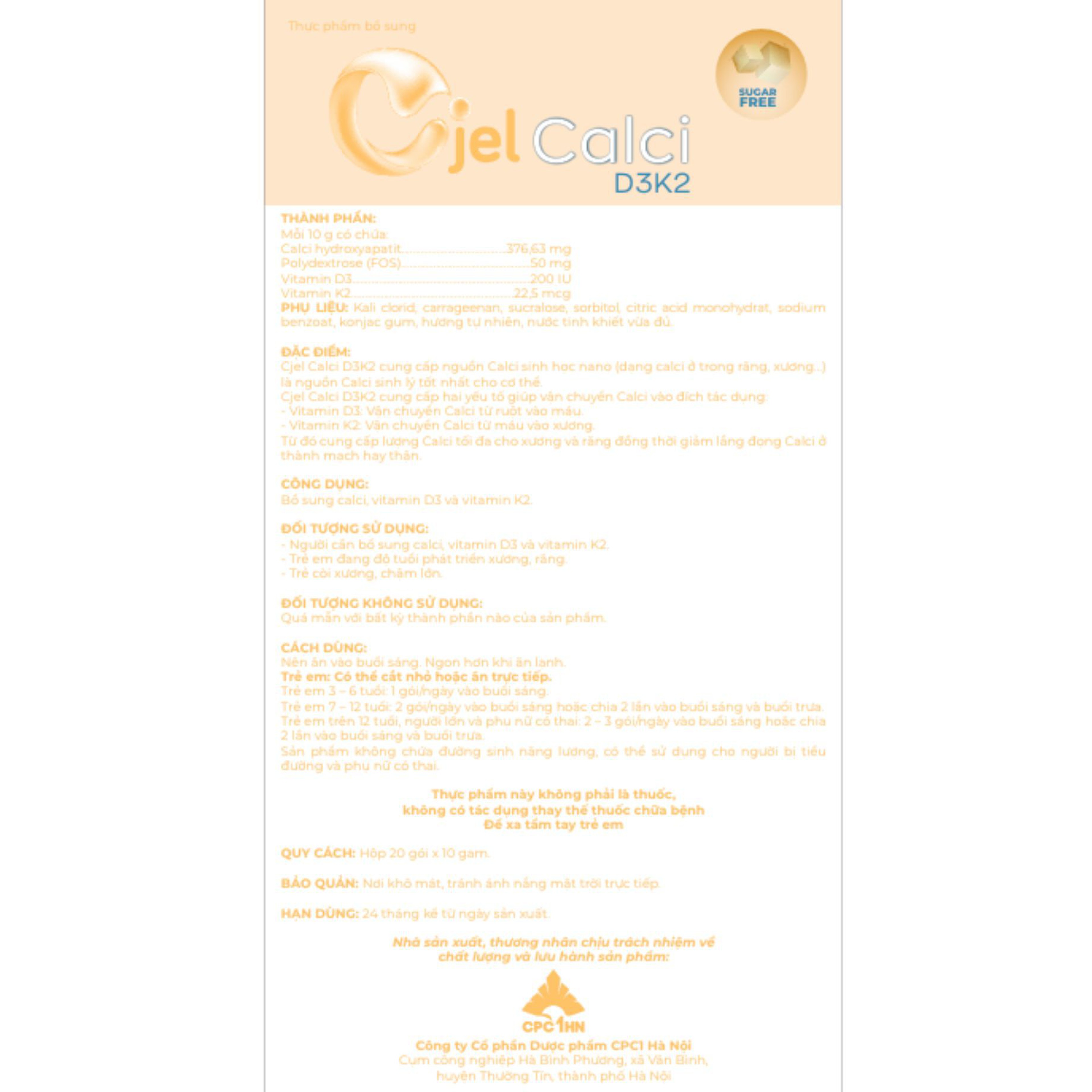 Thanh Dinh Dưỡng Cjel Calci Bổ Sung Canxi, Vitamin D3, Vitamin K2 Giúp Bé Phát Triển Chiều Cao, Tăng Cường Hấp Thu Canxi (Hộp 20 Gói)