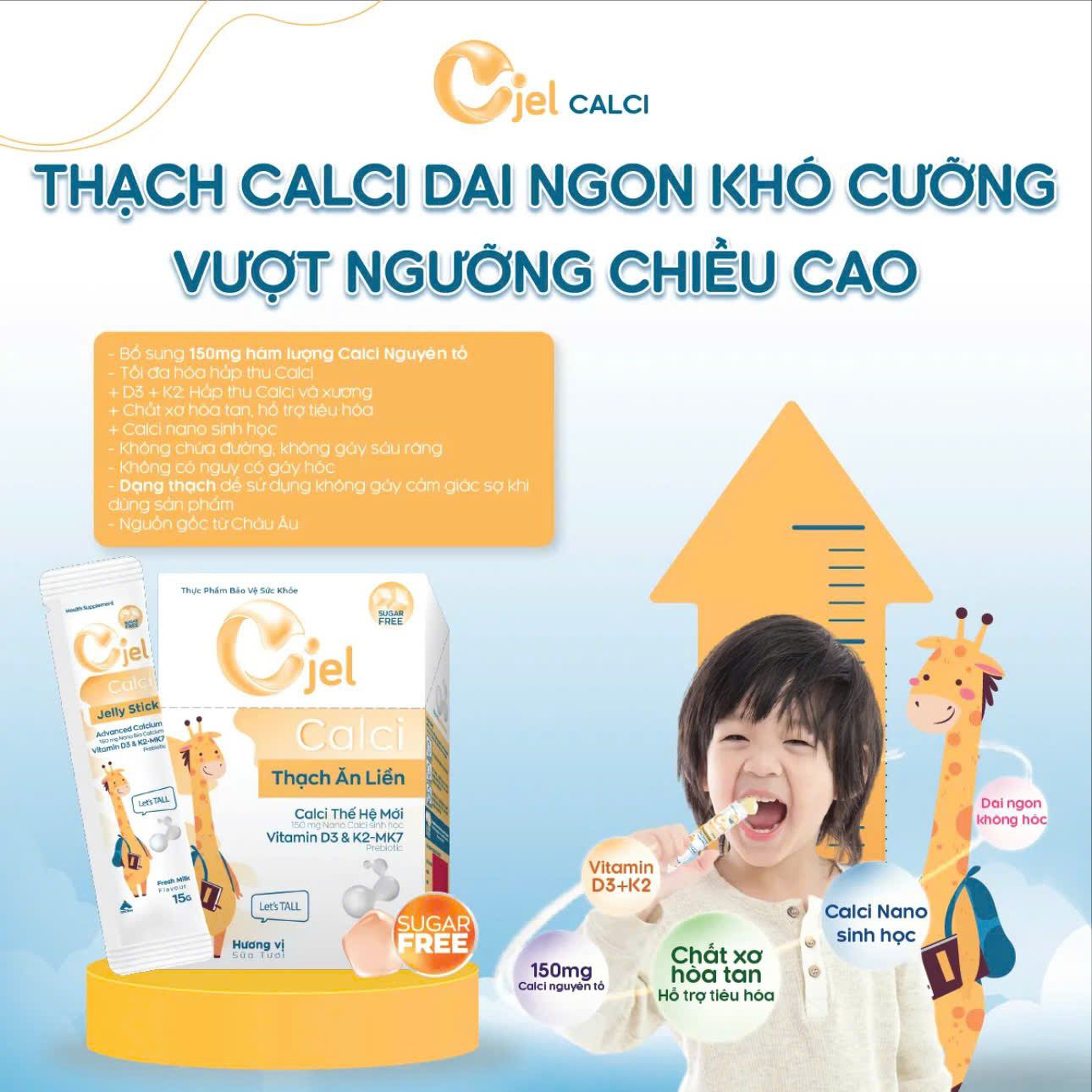 Thanh Dinh Dưỡng Cjel Calci Bổ Sung Canxi, Vitamin D3, Vitamin K2 Giúp Bé Phát Triển Chiều Cao, Tăng Cường Hấp Thu Canxi (Hộp 20 Gói)