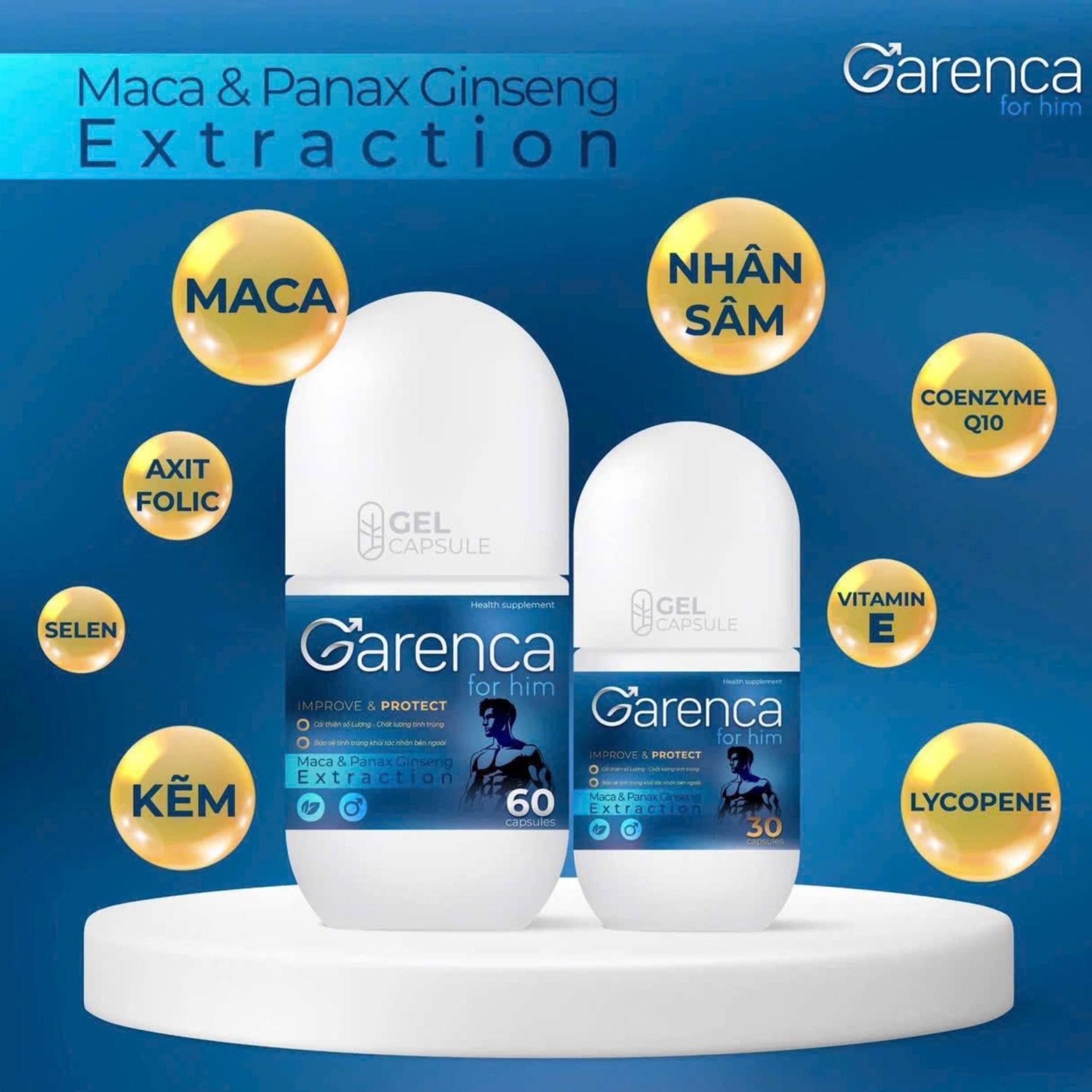 Viên uống bổ tinh Garenca for him tăng cường sinh lý cải thiện tinh trùng từ dược liệu quý (Lọ 30 viên, 60 viên)