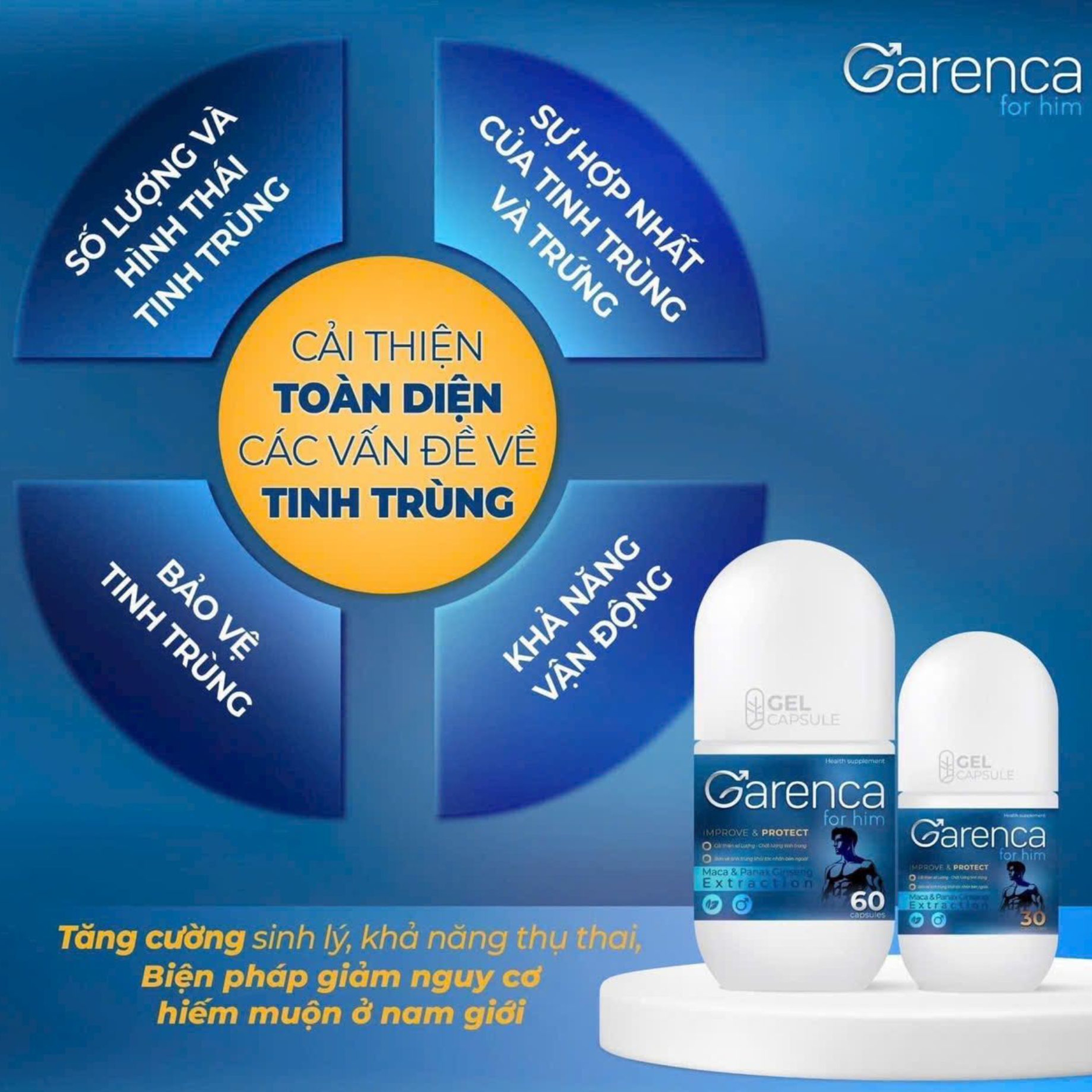 Viên uống bổ tinh Garenca for him tăng cường sinh lý cải thiện tinh trùng từ dược liệu quý (Lọ 30 viên, 60 viên)