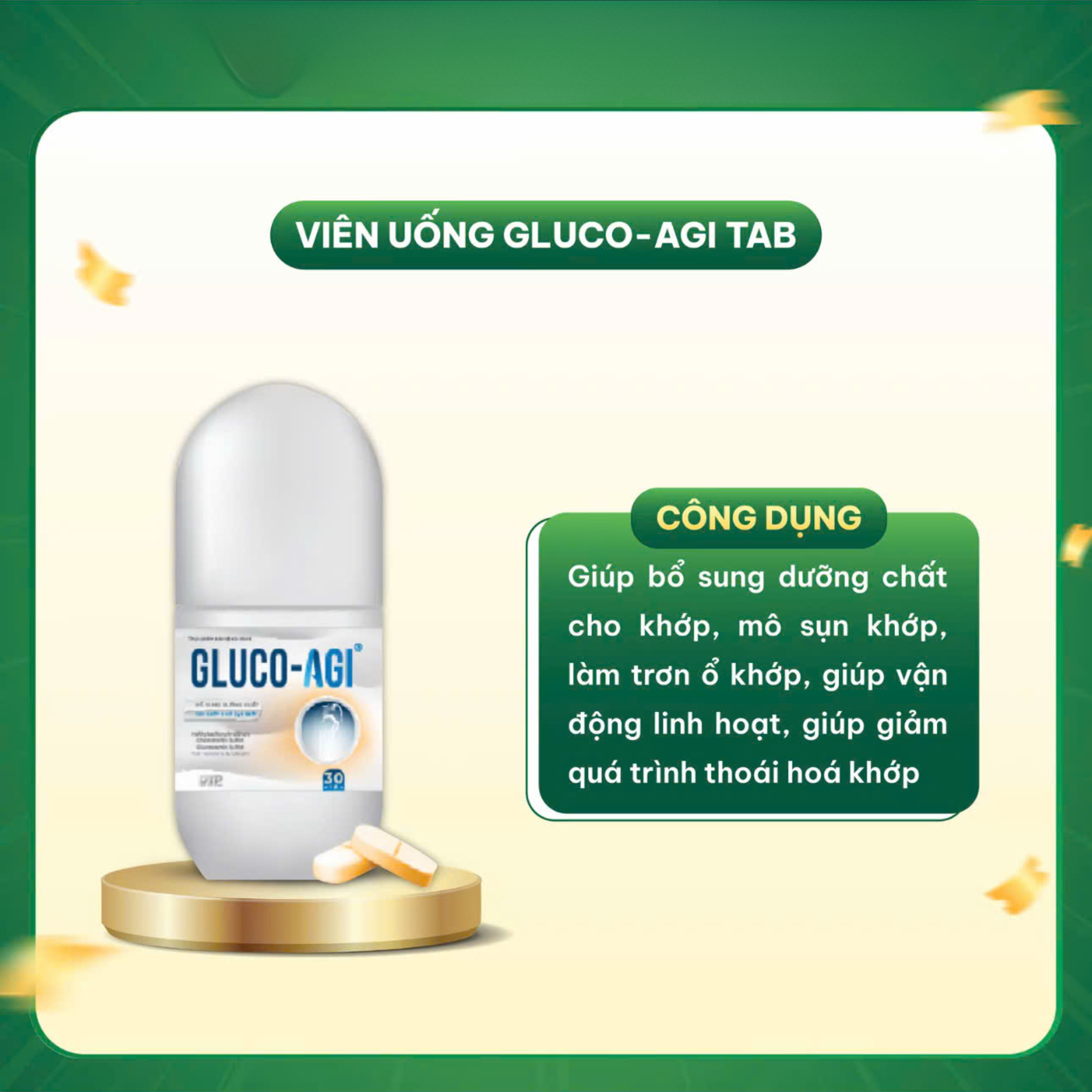 Viên uống Gluco-Agi hỗ trợ sụn khớp chắc khoẻ, bổ sung dưỡng chất cần thiết (Lọ 30 viên)