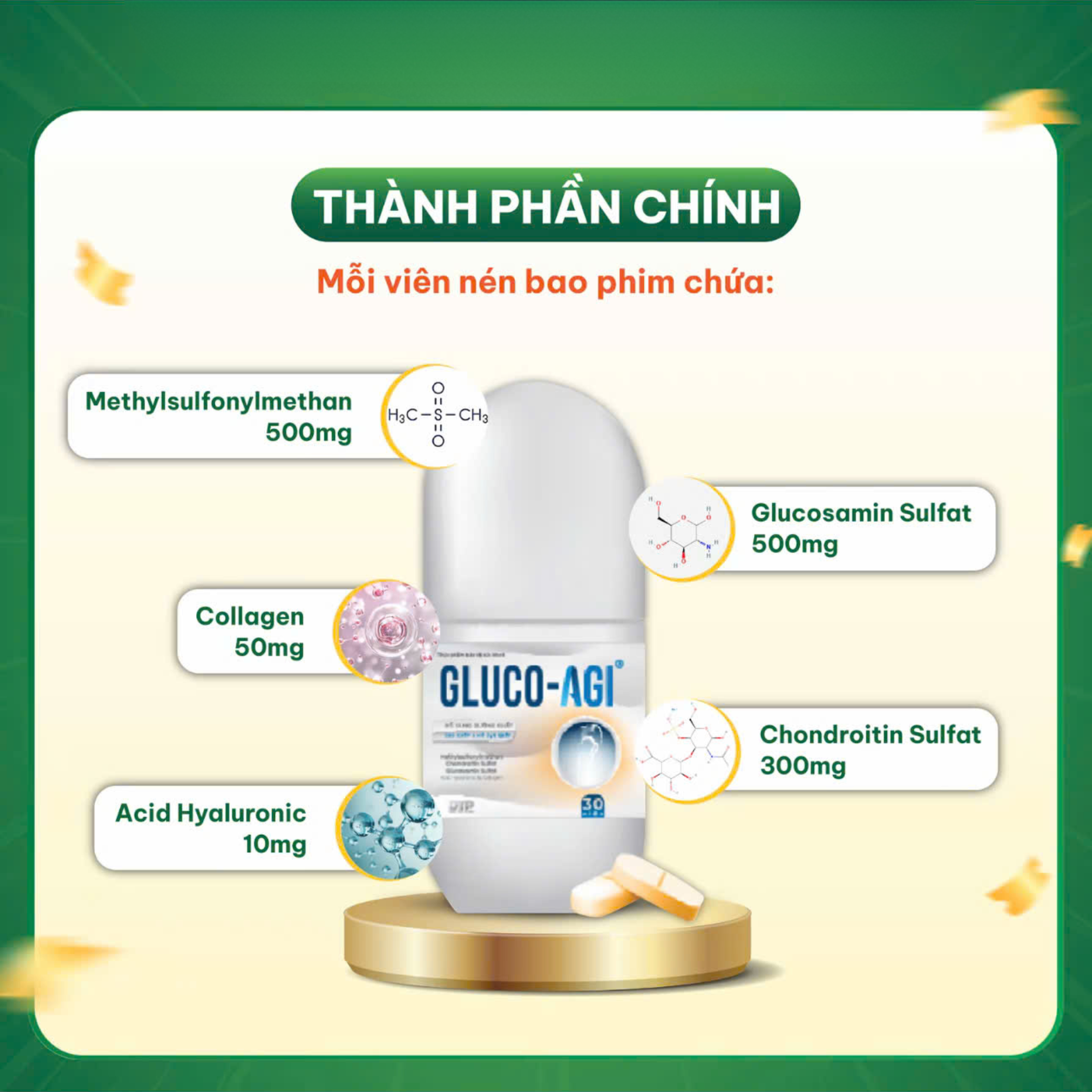 Viên uống Gluco-Agi hỗ trợ sụn khớp chắc khoẻ, bổ sung dưỡng chất cần thiết (Lọ 30 viên)