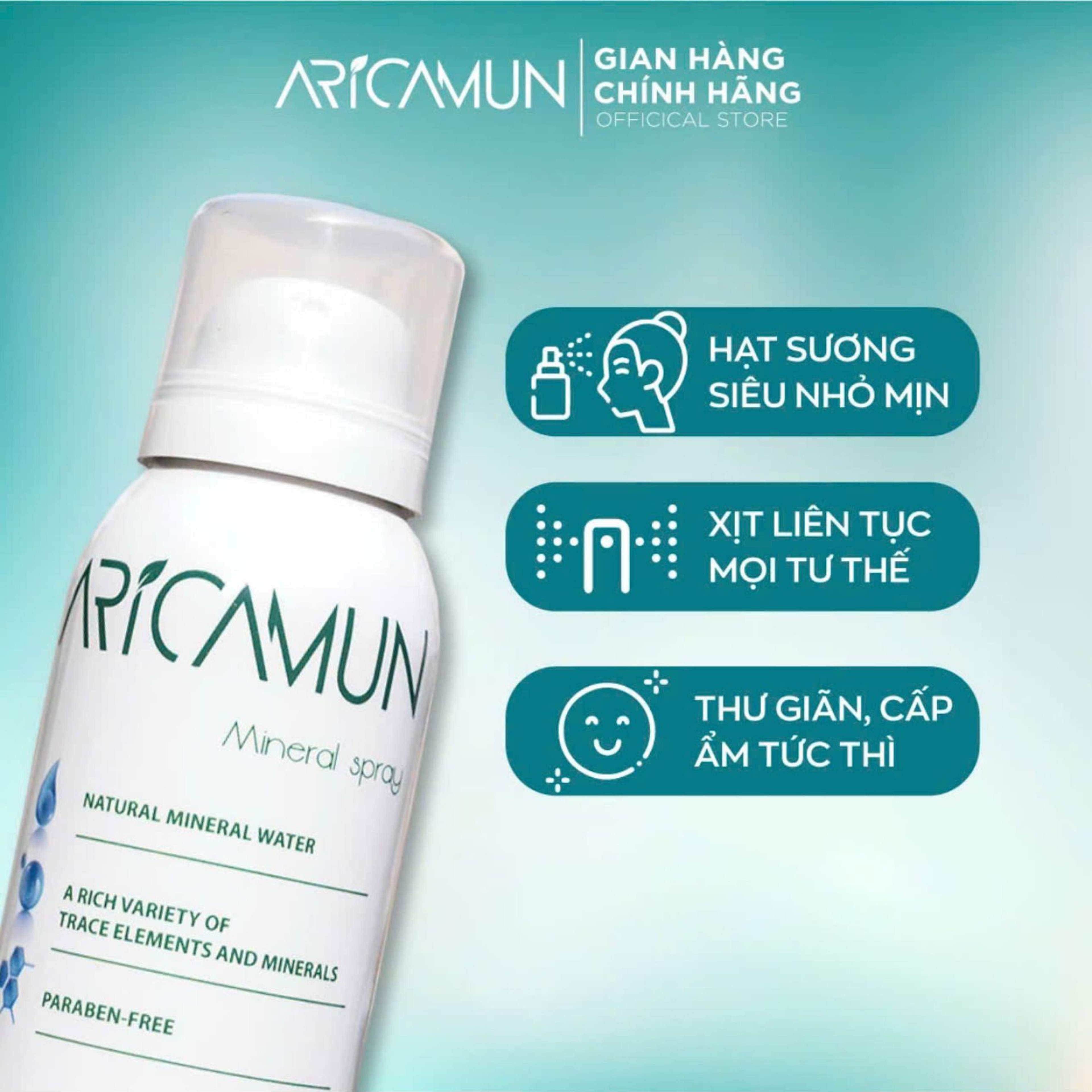 Xịt Khoáng Aricamun Mineral Spray cấp ẩm, kiểm soát nhờn mụn (Chai 100ml)