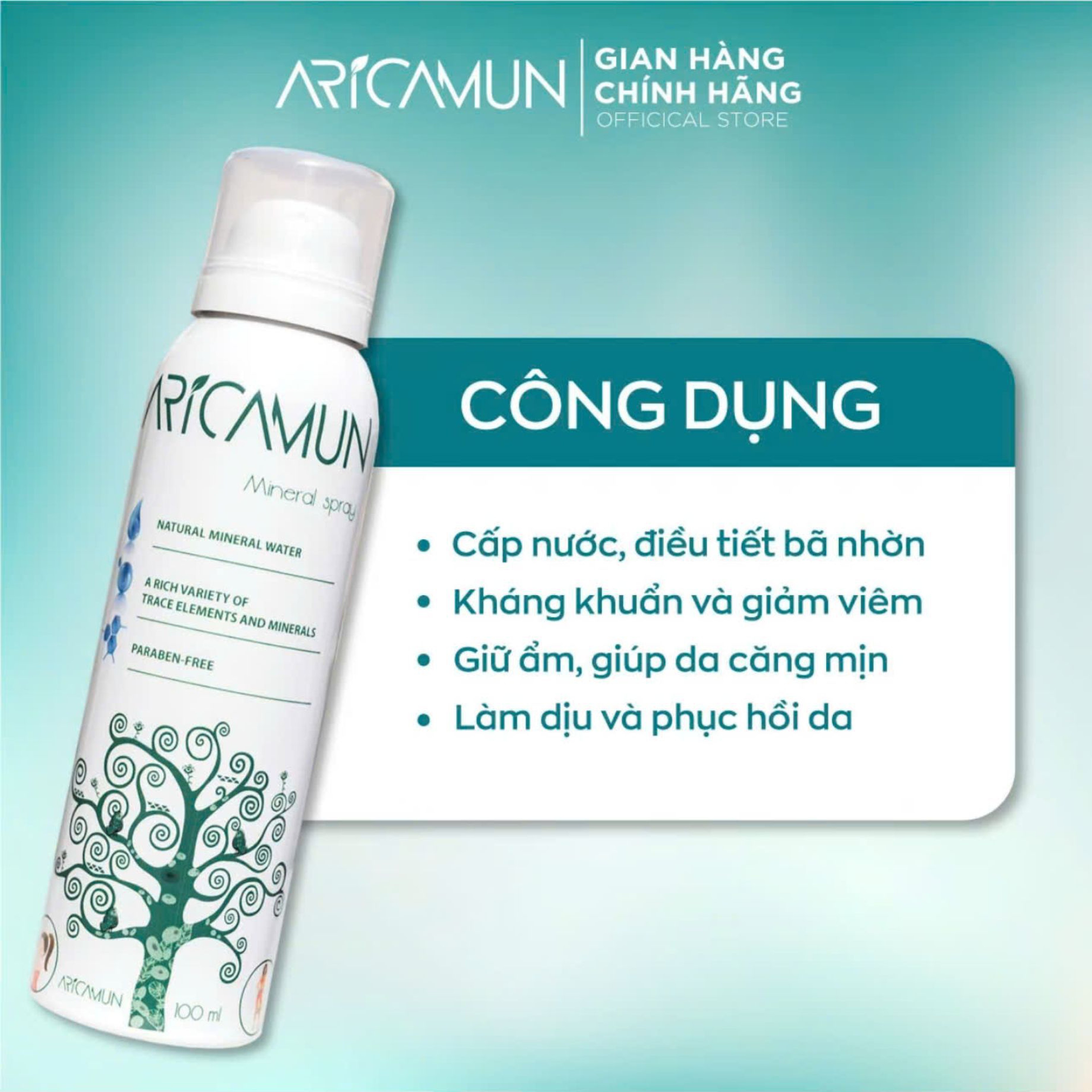 Xịt Khoáng Aricamun Mineral Spray cấp ẩm, kiểm soát nhờn mụn (Chai 100ml)