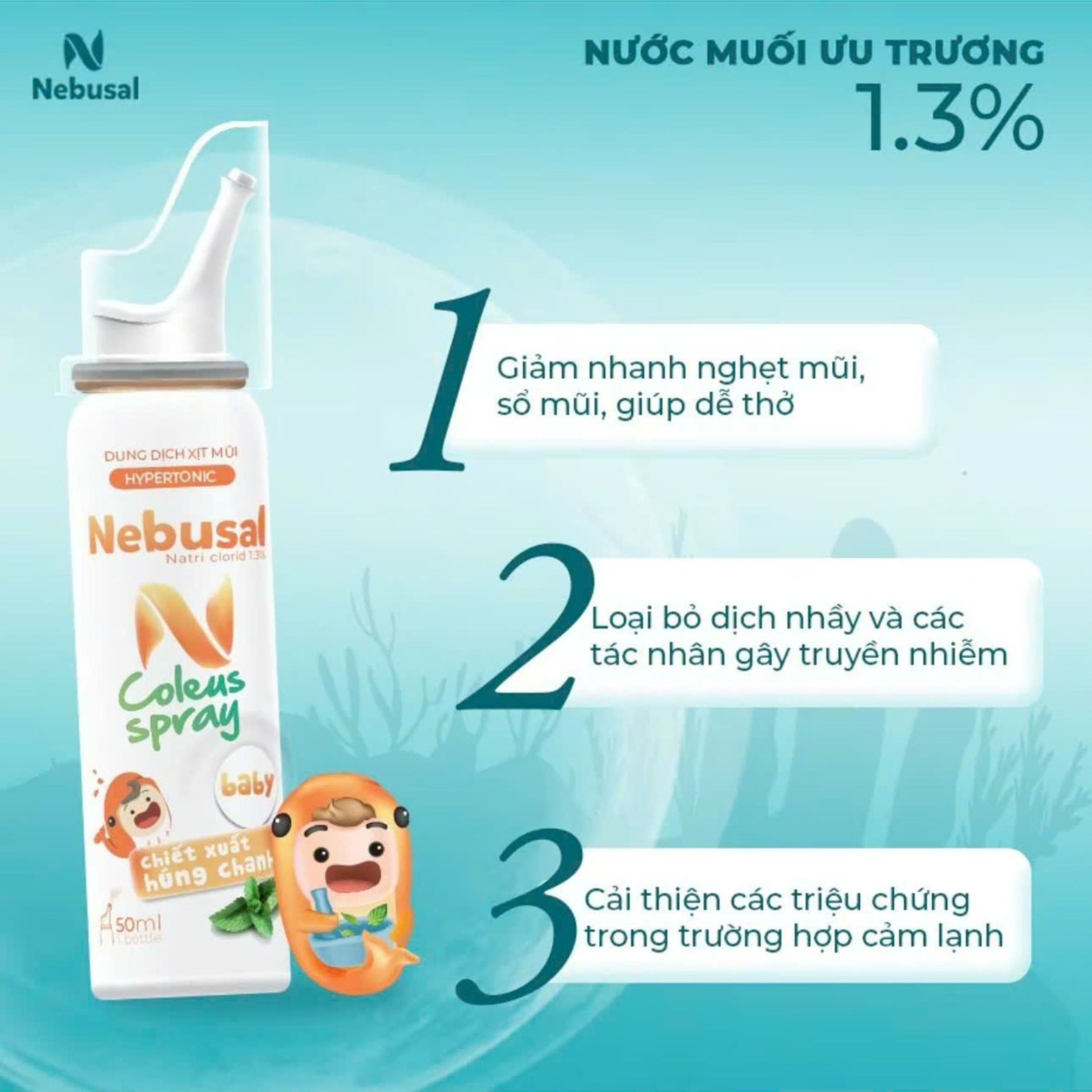 Xịt Mũi Nebusal Coleus Spray Baby 1.3% Giúp Bé Giảm Nghẹt Mũi Và Ngủ Ngon (Chai 50ml)